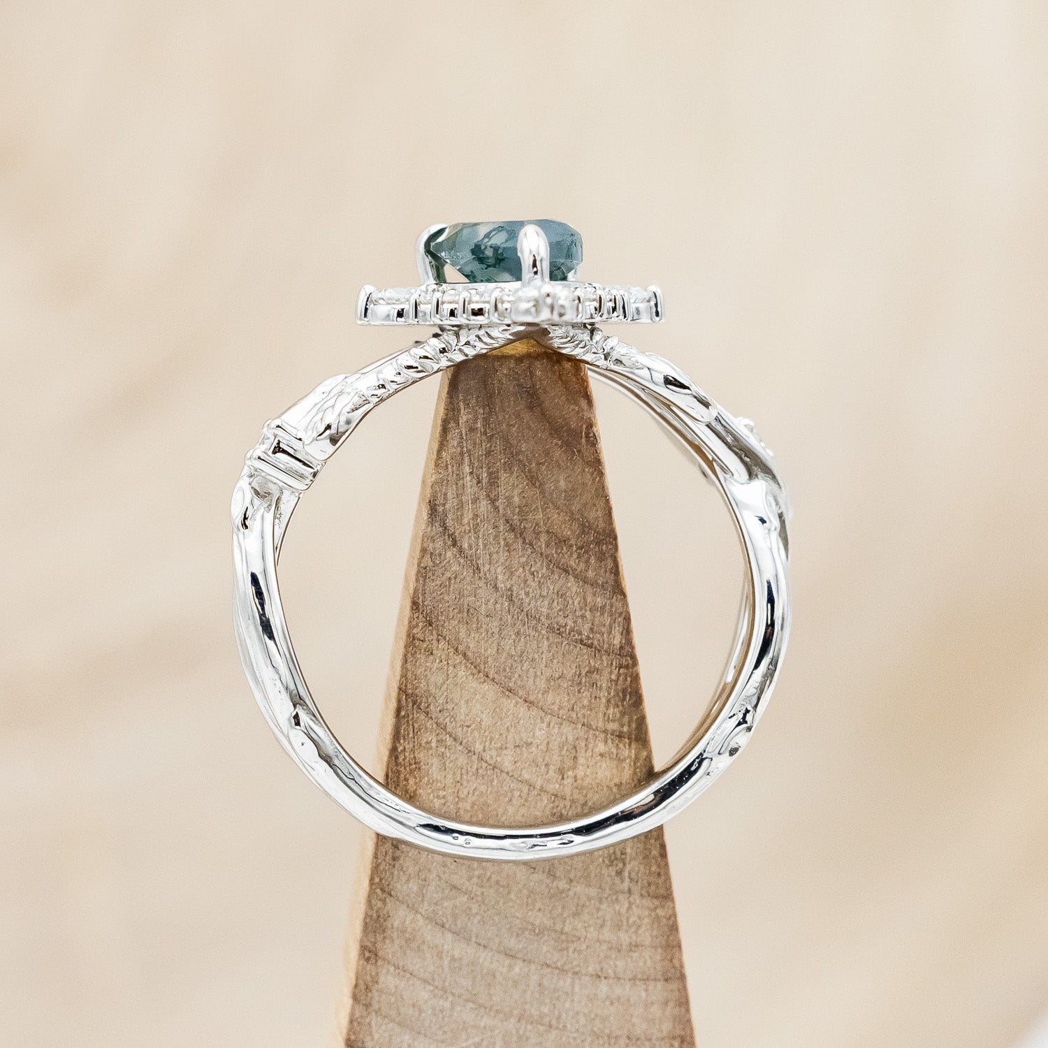 "ARTEMIS ON THE VINE DIVINE" - PEAR CUT MOSS AGATE ENGAGEMENT RING WITH DIAMOND ACCENTS & A "BRIAR" TRACER-Staghead Designs