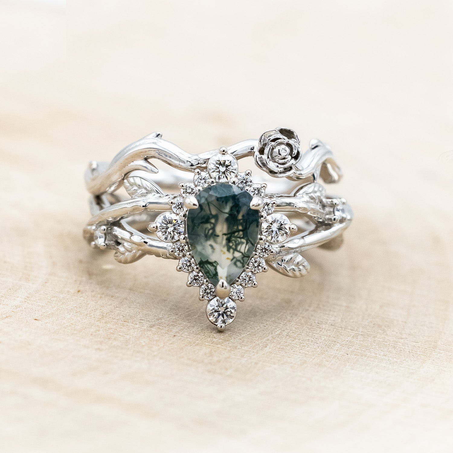 "ARTEMIS ON THE VINE DIVINE" - PEAR CUT MOSS AGATE ENGAGEMENT RING WITH DIAMOND ACCENTS & A "BRIAR" TRACER-Staghead Designs