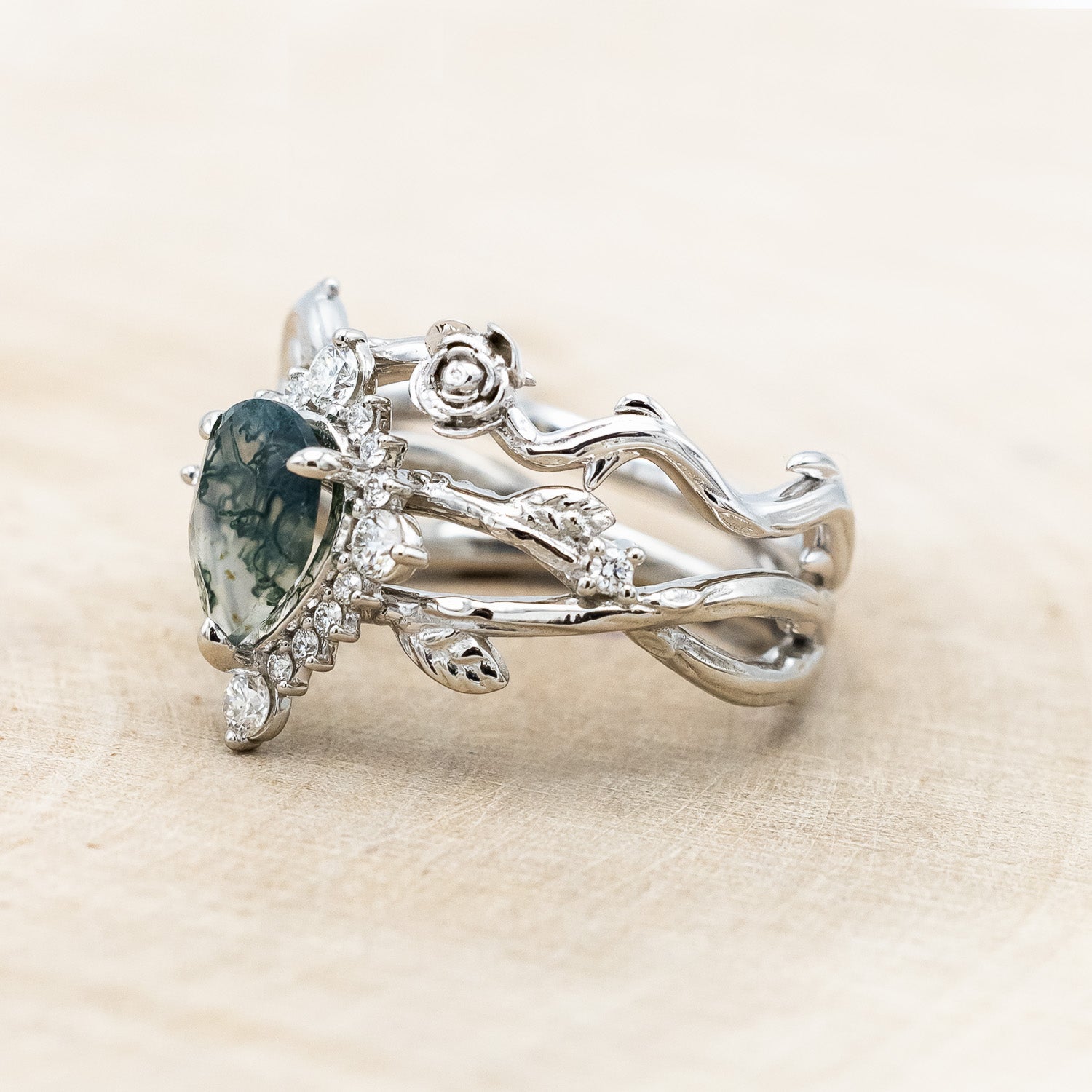 "ARTEMIS ON THE VINE DIVINE" - PEAR CUT MOSS AGATE ENGAGEMENT RING WITH DIAMOND ACCENTS & A "BRIAR" TRACER-Staghead Designs