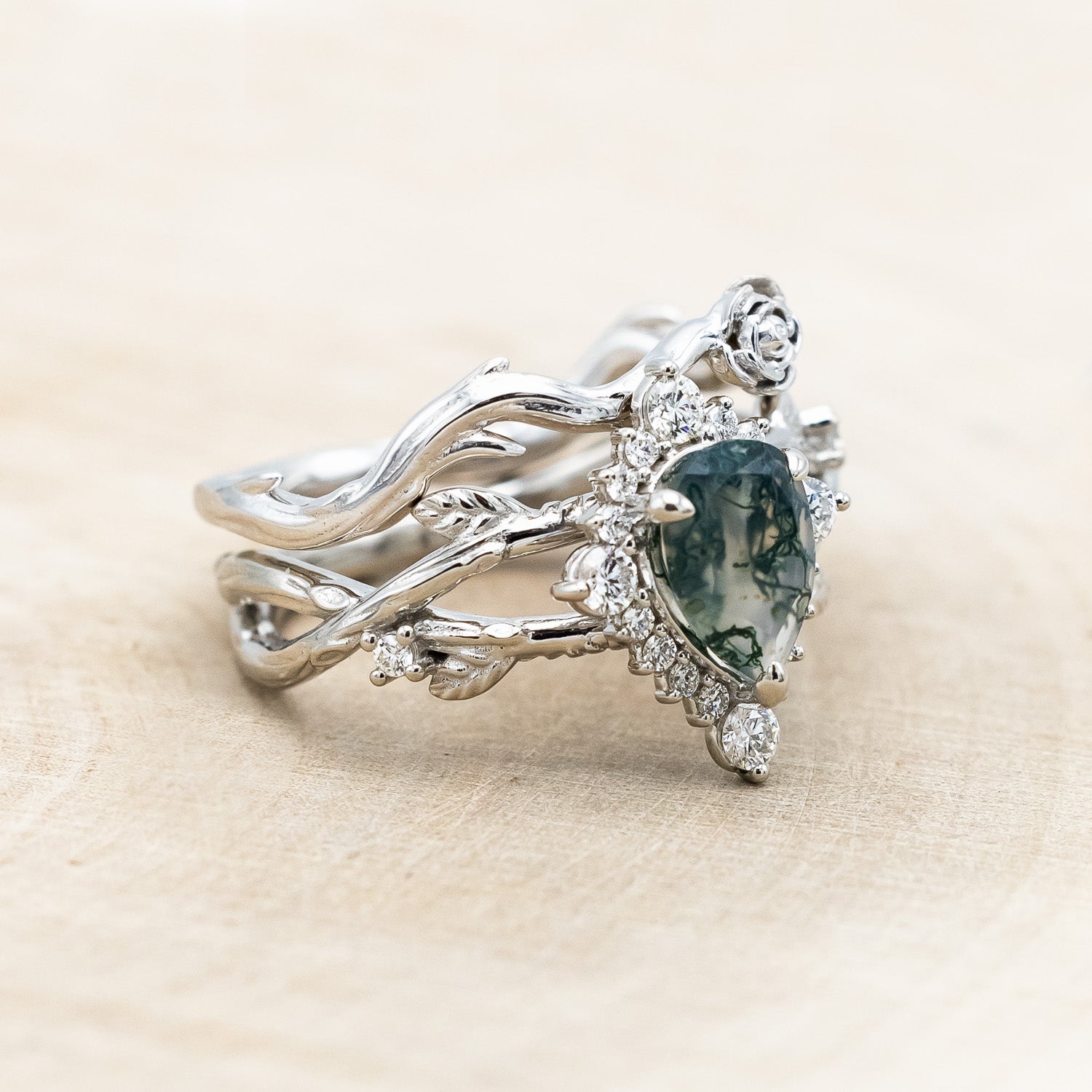 "ARTEMIS ON THE VINE DIVINE" - PEAR CUT MOSS AGATE ENGAGEMENT RING WITH DIAMOND ACCENTS & A "BRIAR" TRACER-Staghead Designs