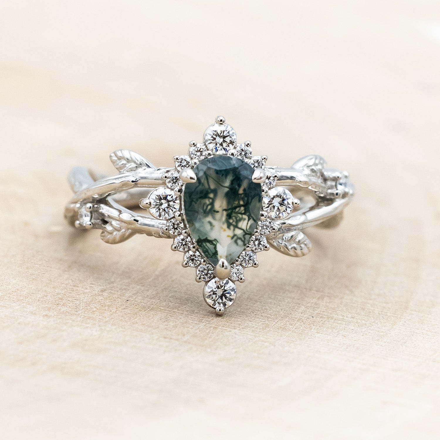 "ARTEMIS ON THE VINE DIVINE" - PEAR CUT MOSS AGATE ENGAGEMENT RING WITH DIAMOND ACCENTS & A "BRIAR" TRACER-Staghead Designs
