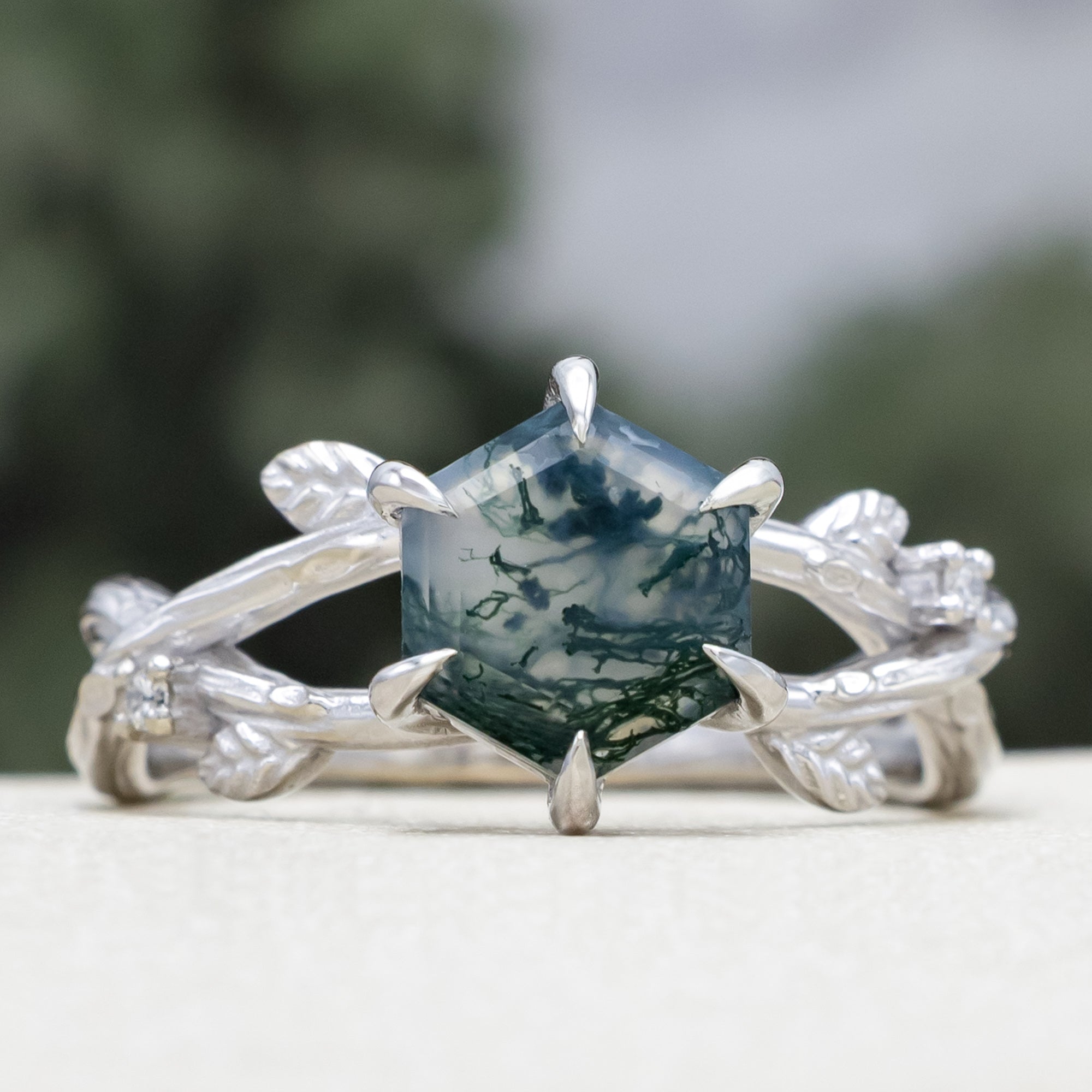 "ARTEMIS ON THE VINE" - HEXAGON CUT MOSS AGATE ENGAGEMENT RING WITH DIAMOND ACCENTS & A BRANCH-STYLE BAND-Staghead Designs