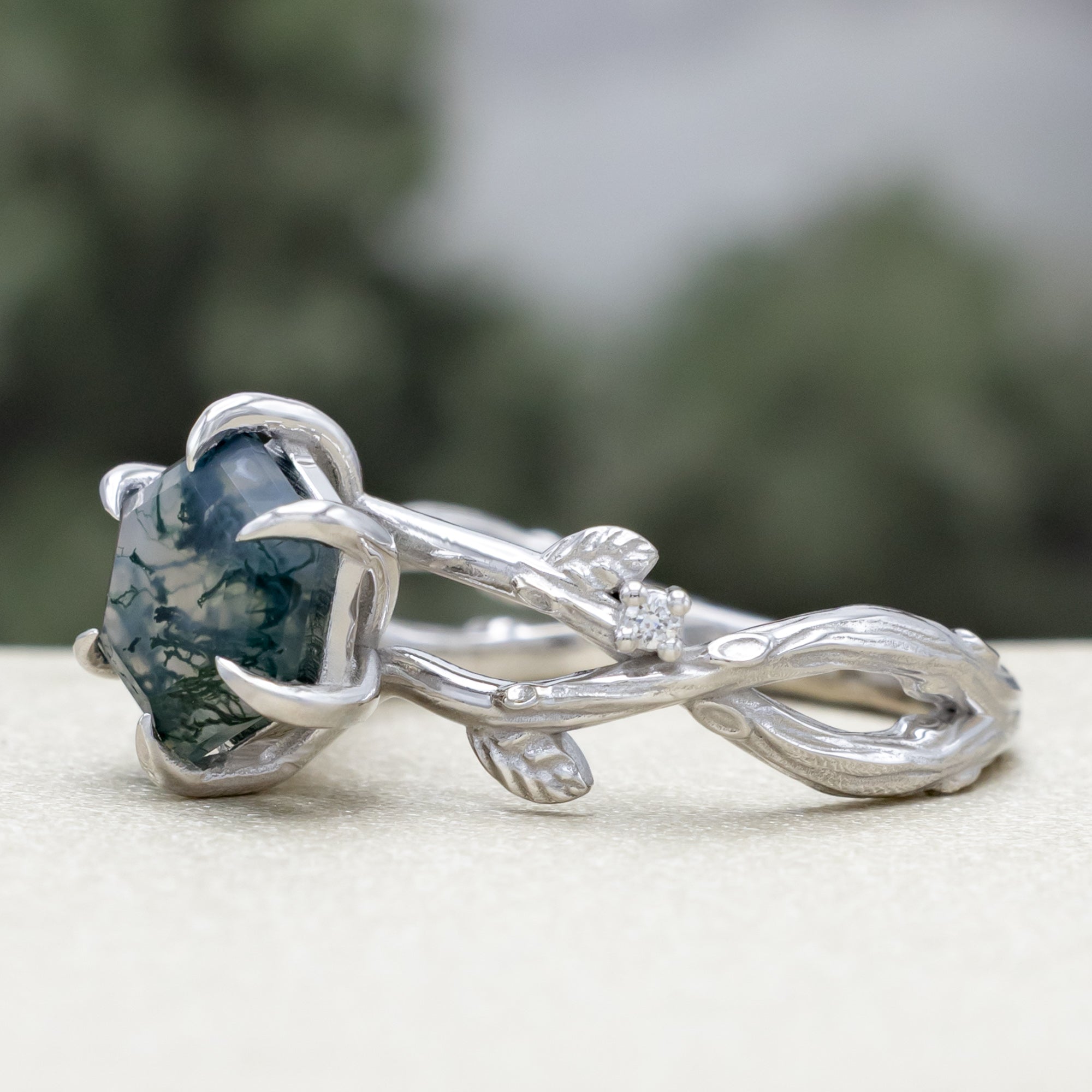 "ARTEMIS ON THE VINE" - HEXAGON CUT MOSS AGATE ENGAGEMENT RING WITH DIAMOND ACCENTS & A BRANCH-STYLE BAND-Staghead Designs