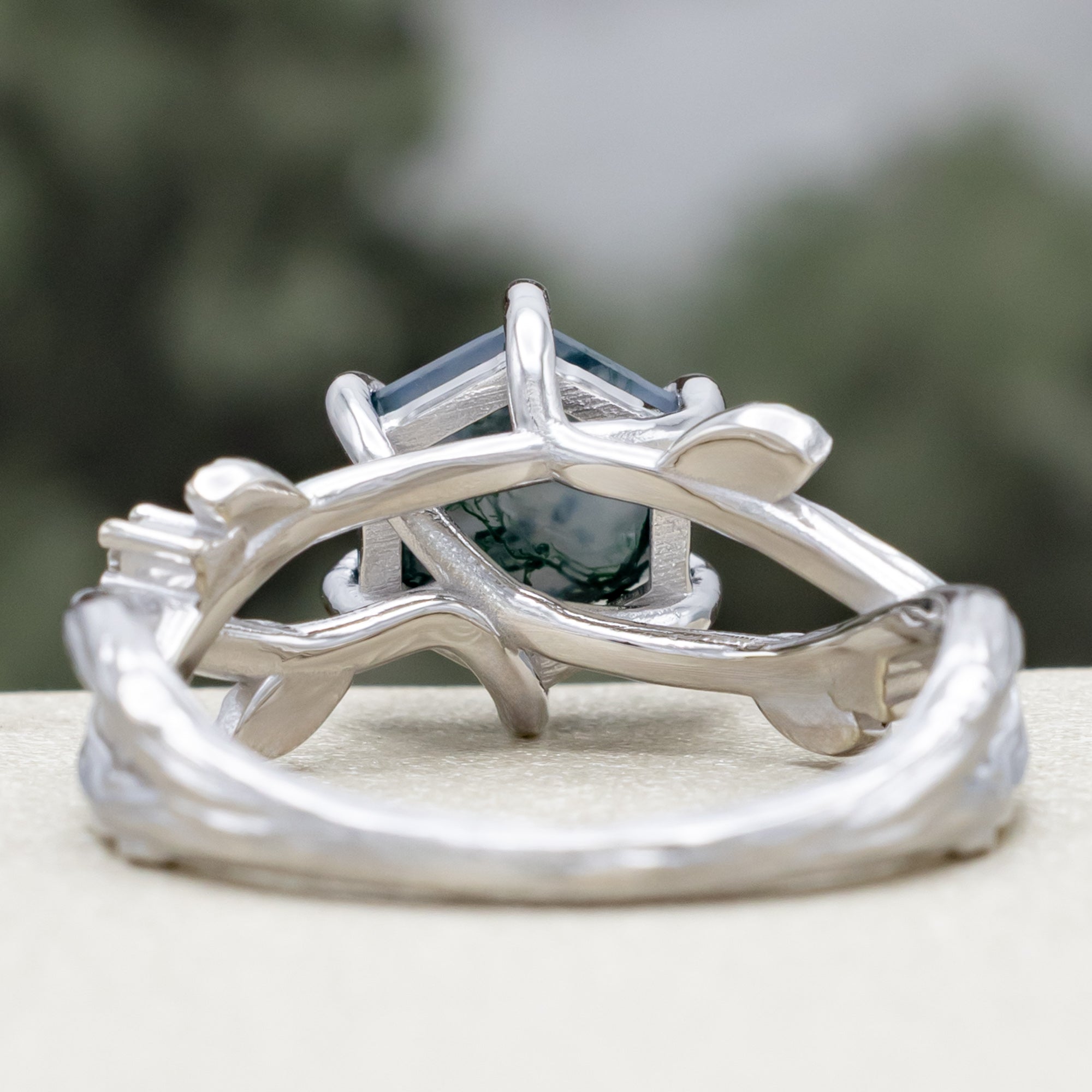 "ARTEMIS ON THE VINE" - HEXAGON CUT MOSS AGATE ENGAGEMENT RING WITH DIAMOND ACCENTS & A BRANCH-STYLE BAND-Staghead Designs