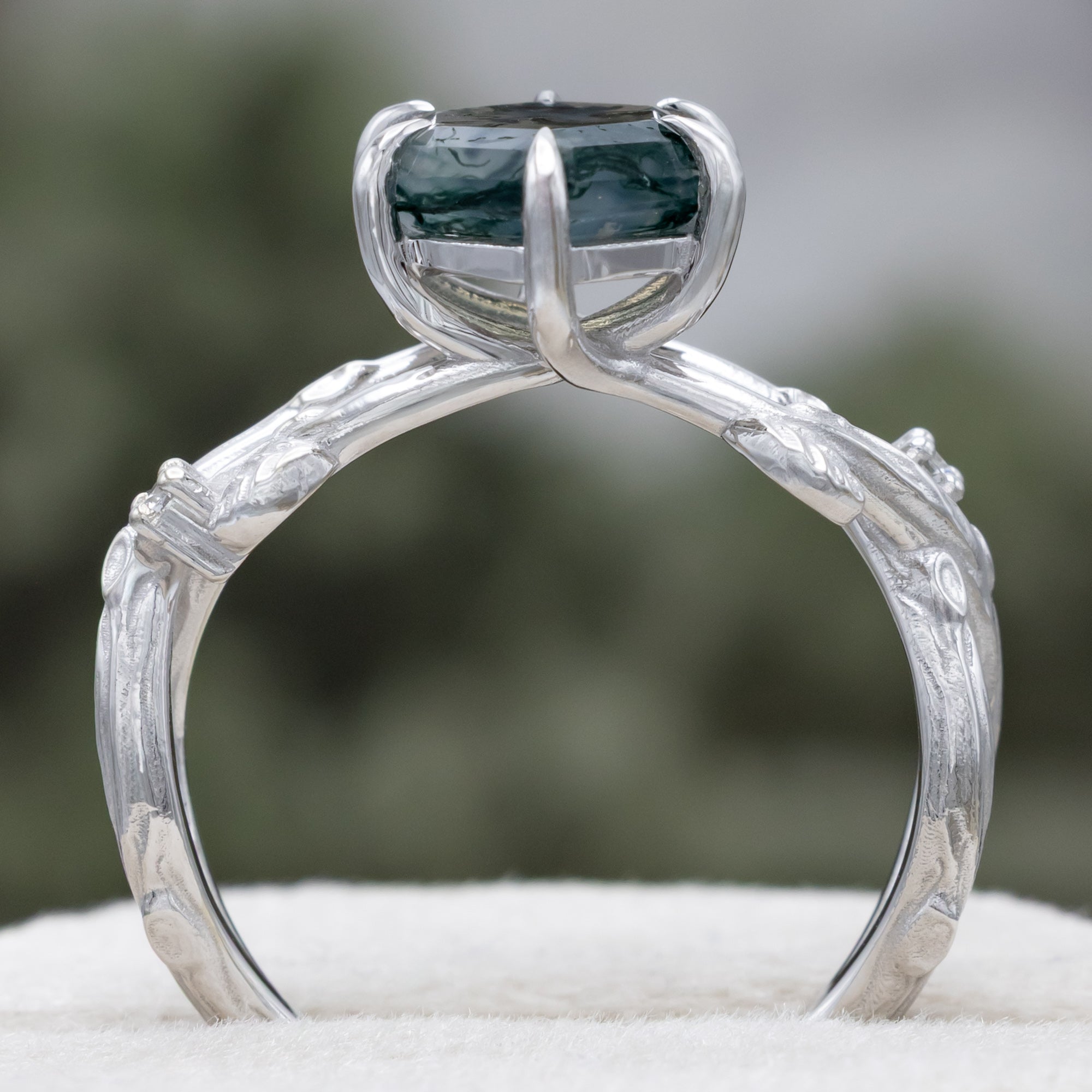 "ARTEMIS ON THE VINE" - HEXAGON CUT MOSS AGATE ENGAGEMENT RING WITH DIAMOND ACCENTS & A BRANCH-STYLE BAND-Staghead Designs