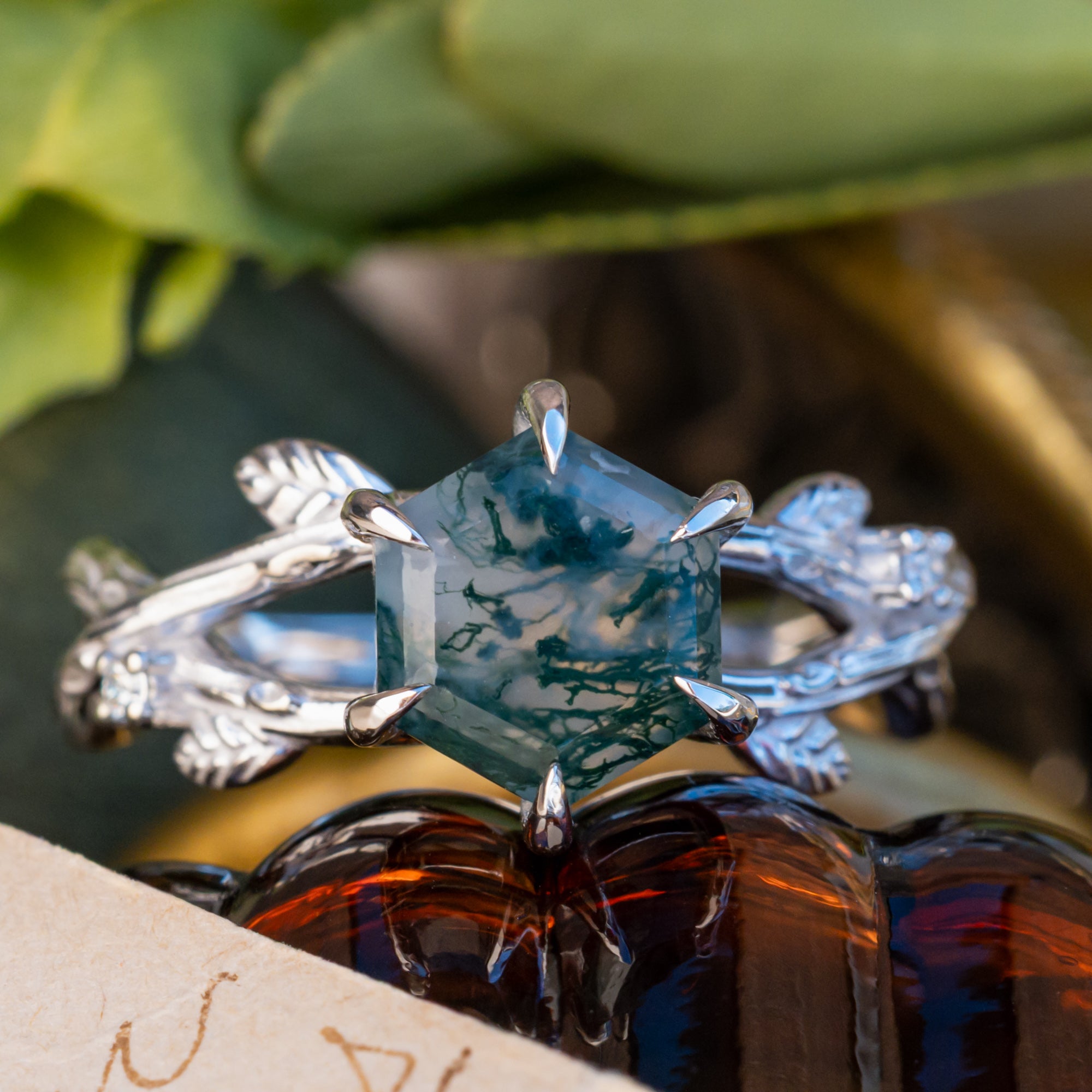 "ARTEMIS ON THE VINE" - HEXAGON CUT MOSS AGATE ENGAGEMENT RING WITH DIAMOND ACCENTS & A BRANCH-STYLE BAND-Staghead Designs