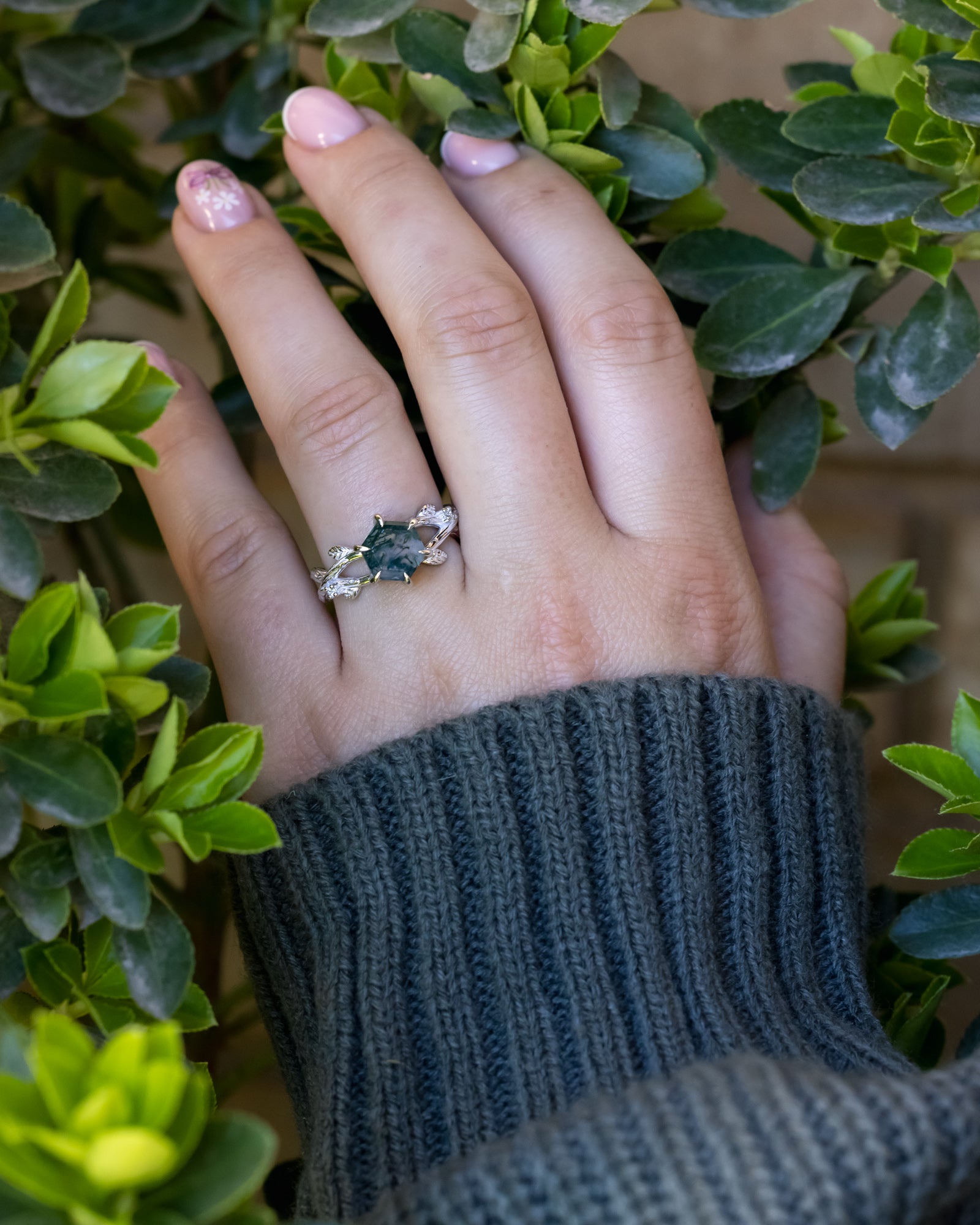 "ARTEMIS ON THE VINE" - HEXAGON CUT MOSS AGATE ENGAGEMENT RING WITH DIAMOND ACCENTS & A BRANCH-STYLE BAND-Staghead Designs