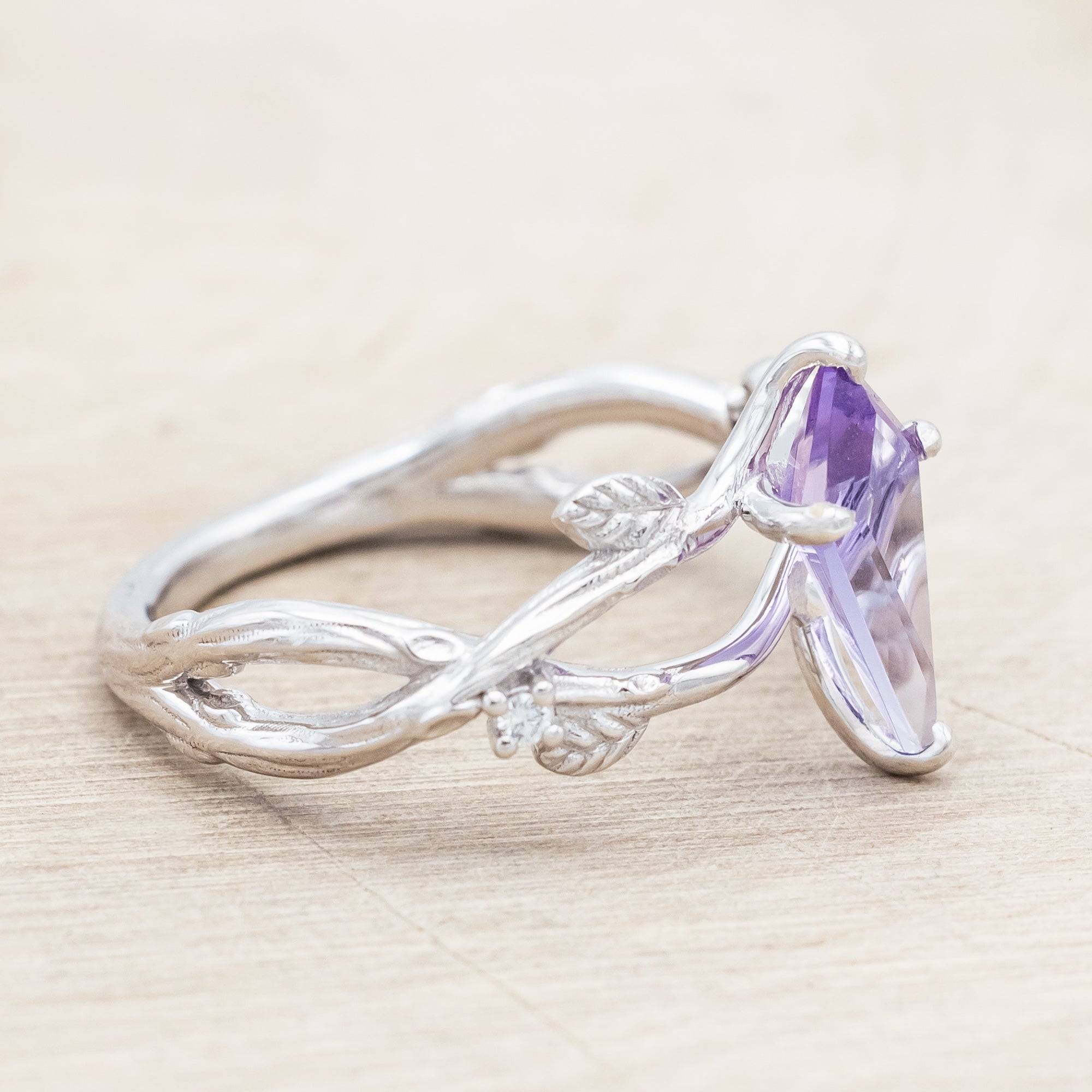 "ARTEMIS ON THE VINE" - KITE CUT ENGAGEMENT RING WITH DIAMOND ACCENTS & "BRIAR" STACKING BAND-Staghead Designs