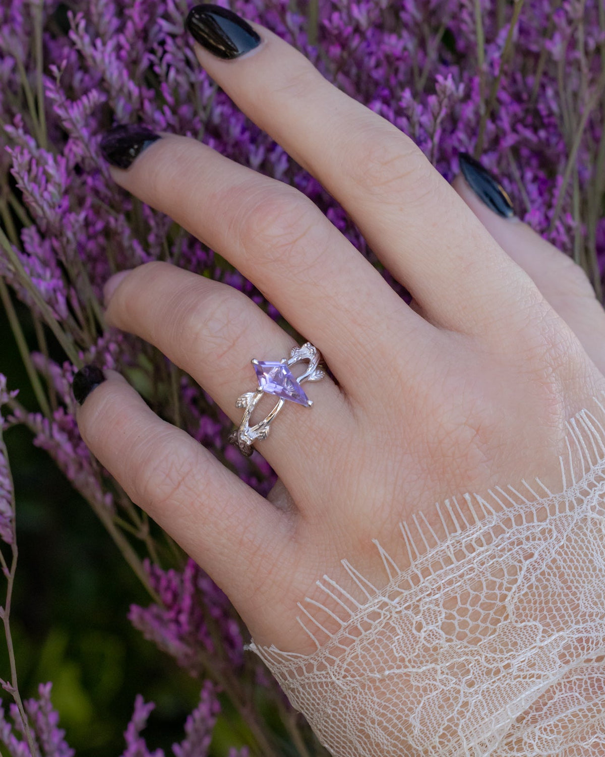 "ARTEMIS ON THE VINE" - KITE CUT ENGAGEMENT RING WITH DIAMOND ACCENTS & "BRIAR" STACKING BAND-Staghead Designs