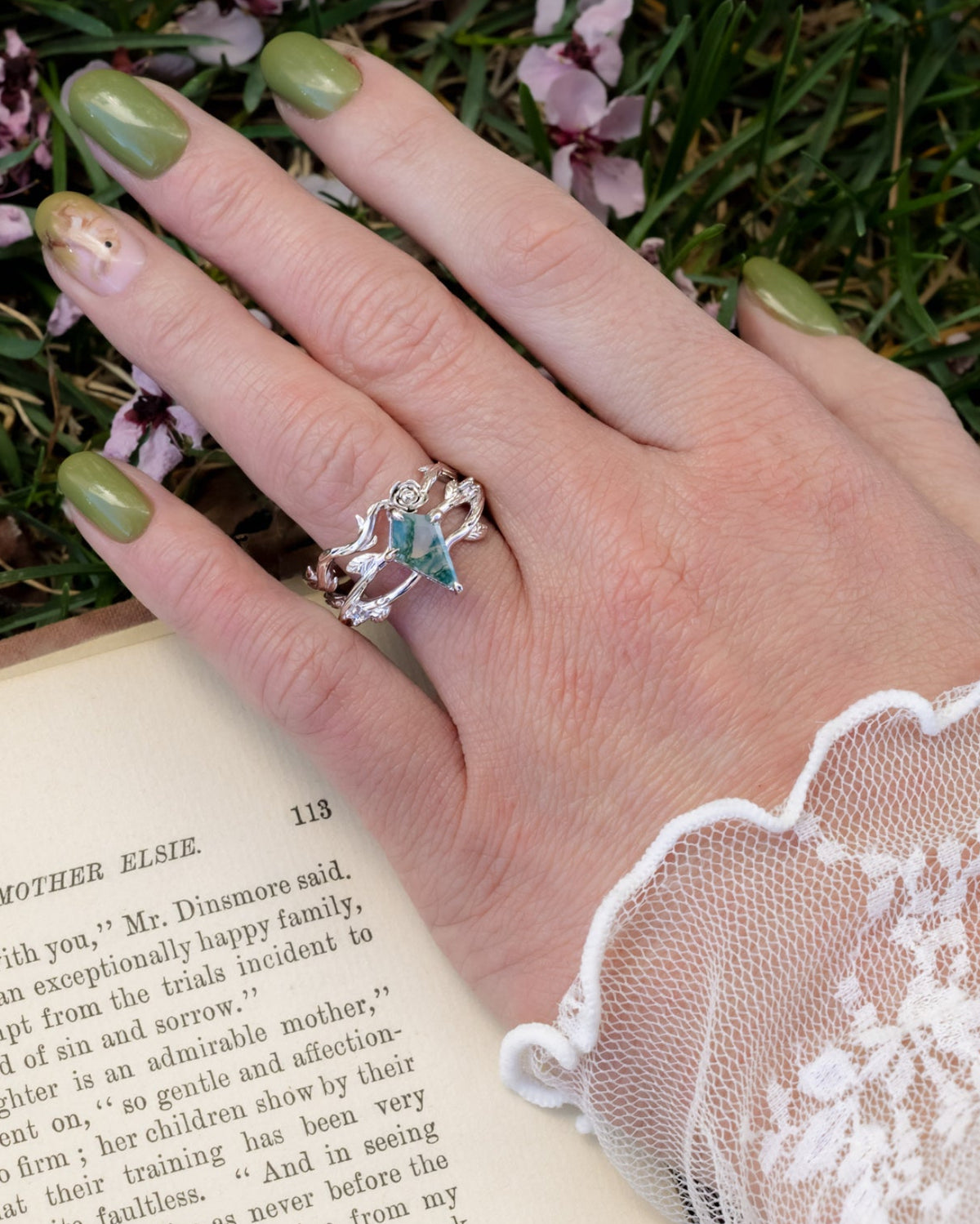 "ARTEMIS ON THE VINE" - KITE CUT ENGAGEMENT RING WITH DIAMOND ACCENTS & "BRIAR" STACKING BAND-Staghead Designs