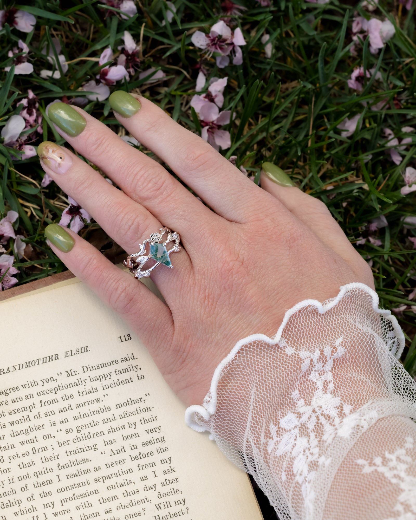 "ARTEMIS ON THE VINE" - KITE CUT ENGAGEMENT RING WITH DIAMOND ACCENTS & "BRIAR" STACKING BAND-Staghead Designs