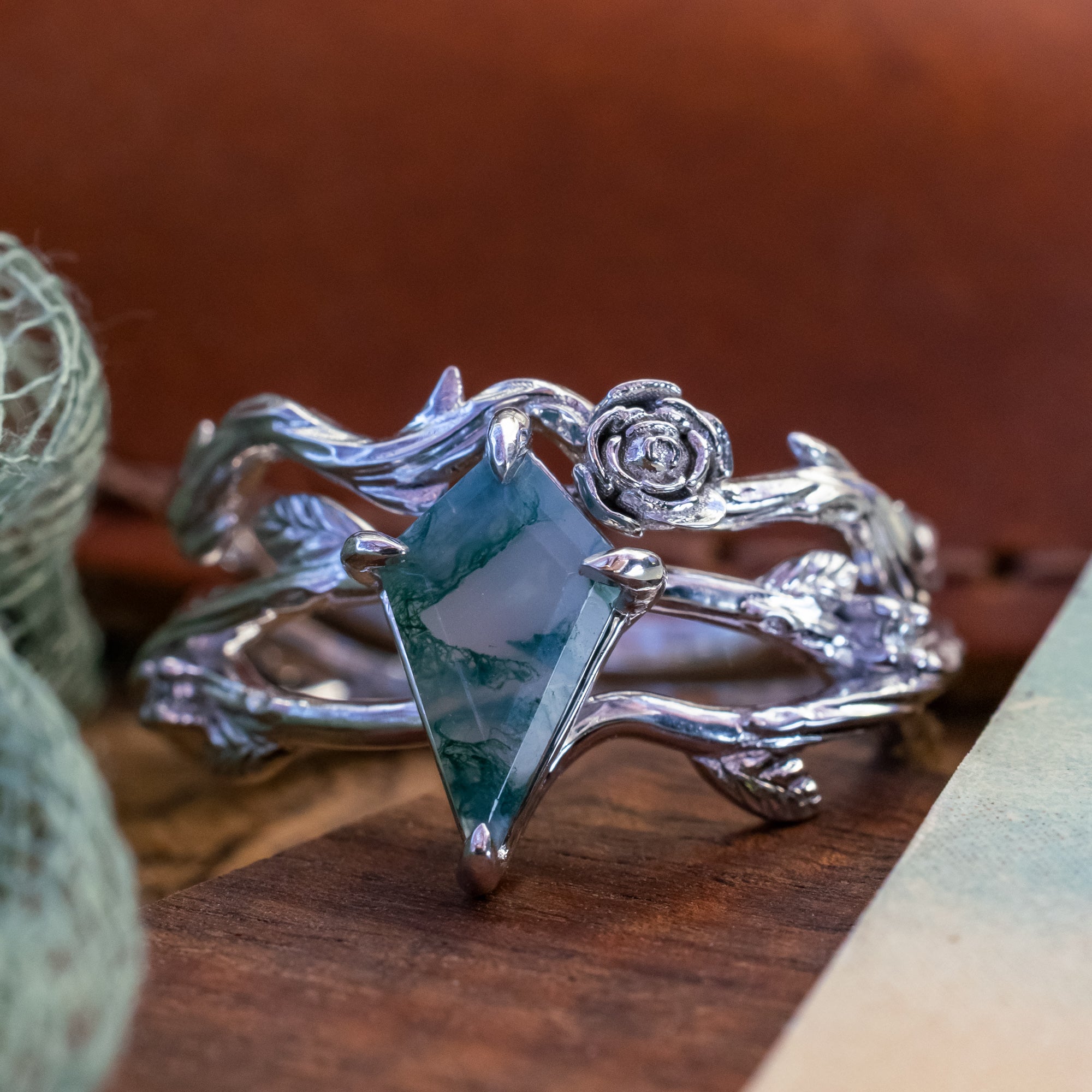 "ARTEMIS ON THE VINE" - KITE CUT ENGAGEMENT RING WITH DIAMOND ACCENTS & "BRIAR" STACKING BAND-Staghead Designs
