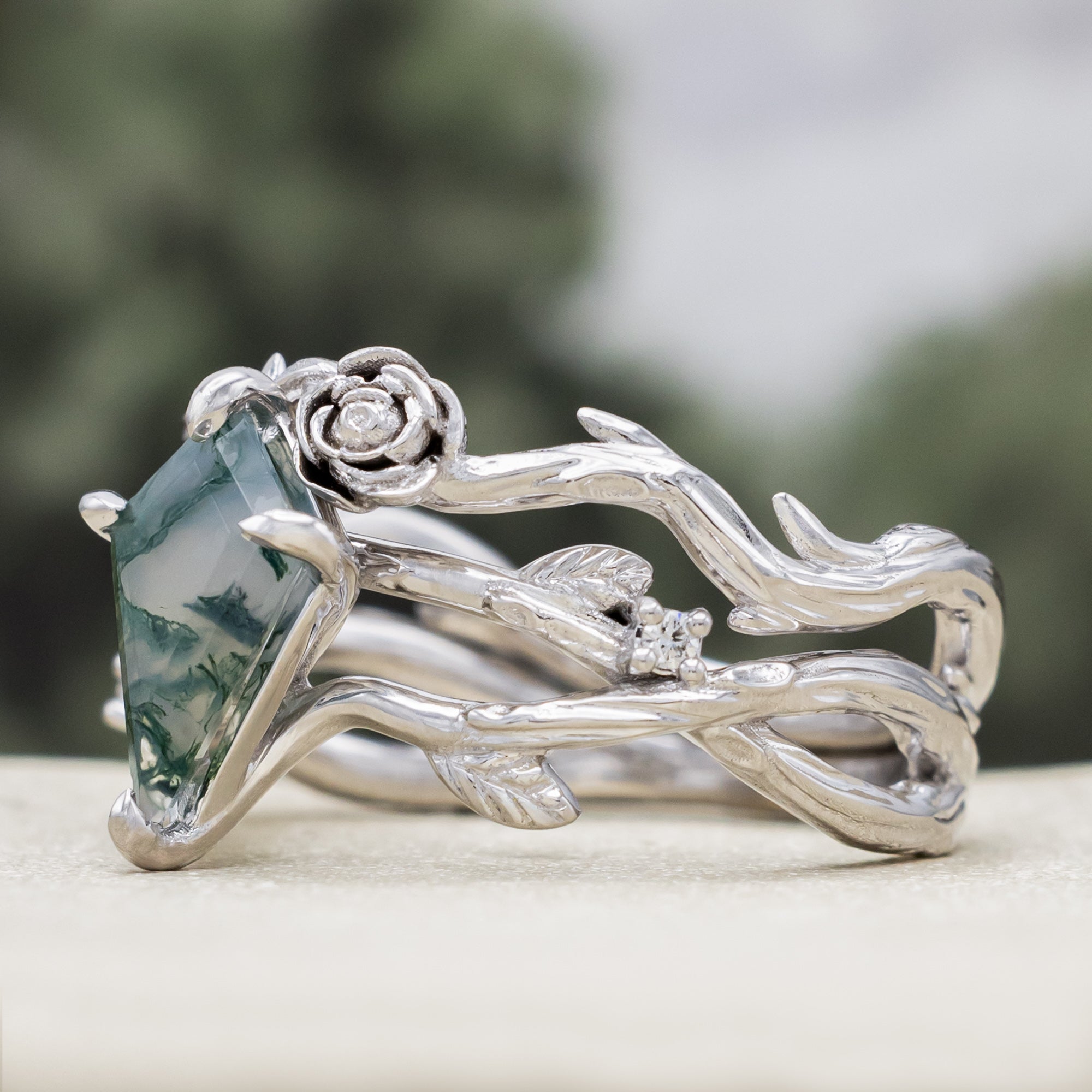 "ARTEMIS ON THE VINE" - KITE CUT ENGAGEMENT RING WITH DIAMOND ACCENTS & "BRIAR" STACKING BAND-Staghead Designs