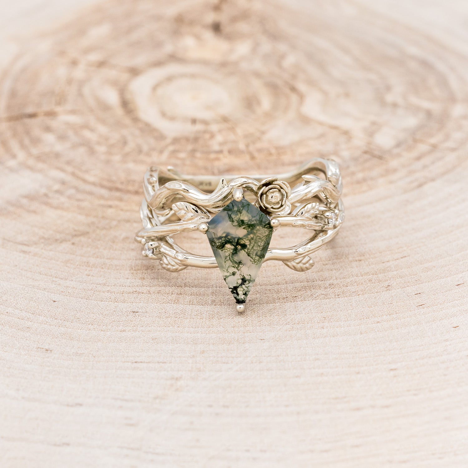 "ARTEMIS ON THE VINE" - KITE CUT MOSS AGATE ENGAGEMENT RING WITH DIAMOND ACCENTS & "BRIAR" BRANCH-STYLE TRACER-22