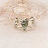 "ARTEMIS ON THE VINE" - KITE CUT MOSS AGATE ENGAGEMENT RING WITH DIAMOND ACCENTS & "BRIAR" BRANCH-STYLE TRACER