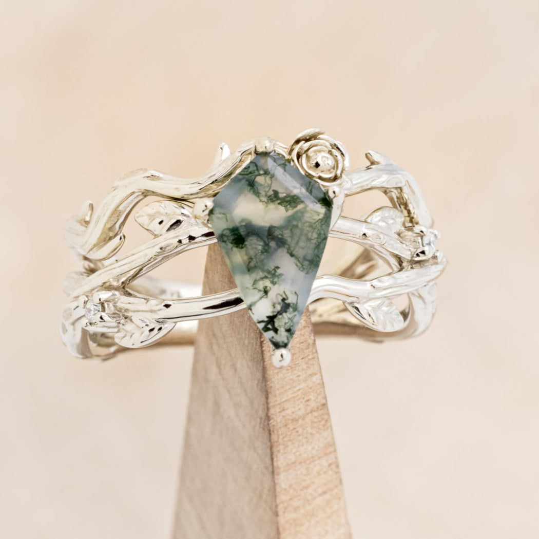 "ARTEMIS ON THE VINE" - KITE CUT MOSS AGATE ENGAGEMENT RING WITH DIAMOND ACCENTS & "BRIAR" BRANCH-STYLE TRACER-19