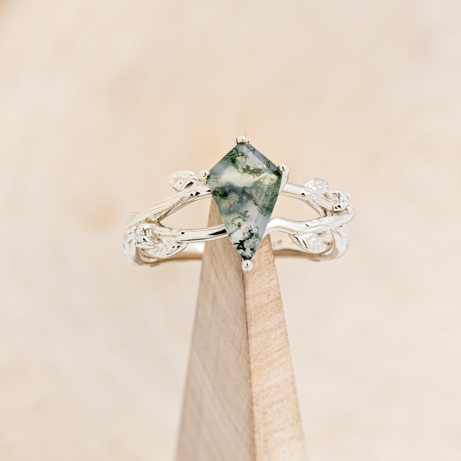 "ARTEMIS ON THE VINE" - KITE CUT MOSS AGATE ENGAGEMENT RING WITH DIAMOND ACCENTS & "BRIAR" BRANCH-STYLE TRACER-25