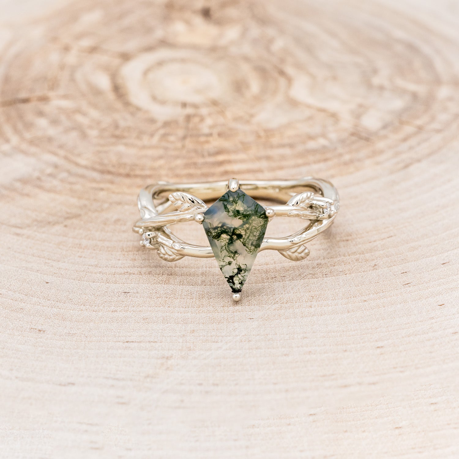 "ARTEMIS ON THE VINE" - KITE CUT MOSS AGATE ENGAGEMENT RING WITH DIAMOND ACCENTS & "BRIAR" BRANCH-STYLE TRACER-27