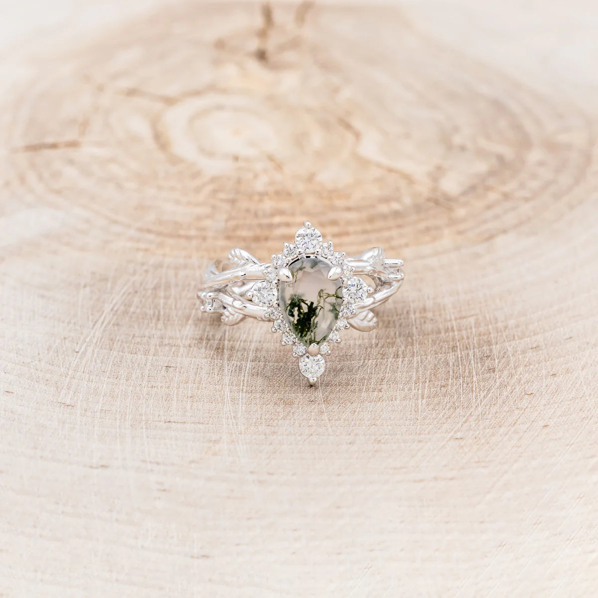 "ARTEMIS ON THE VINE DIVINE" - PEAR CUT MOSS AGATE ENGAGEMENT RING WITH DIAMOND ACCENTS - 14K WHITE GOLD - SIZE 10 1/2-Staghead Designs