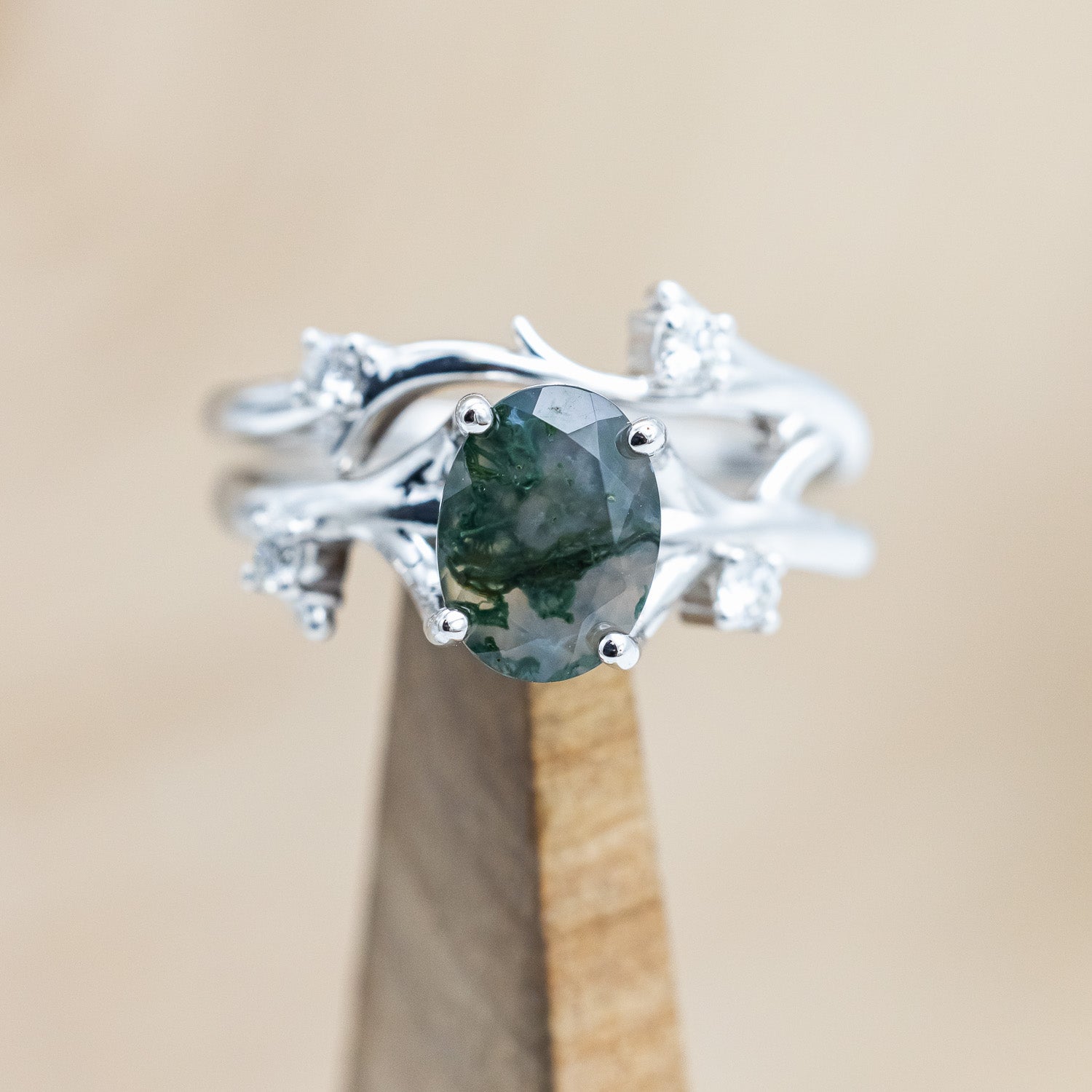 "ARTEMIS" - OVAL CUT MOSS AGATE ENGAGEMENT RING WITH DIAMOND ACCENTS & STACKING BAND-Staghead Designs