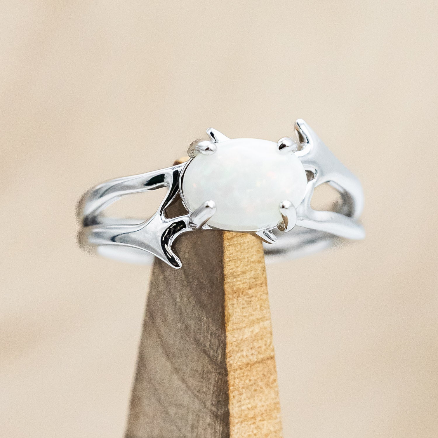 "ARTEMIS" - OVAL OPAL ENGAGEMENT RING WITH AN ANTLER STYLE BAND-Staghead Designs