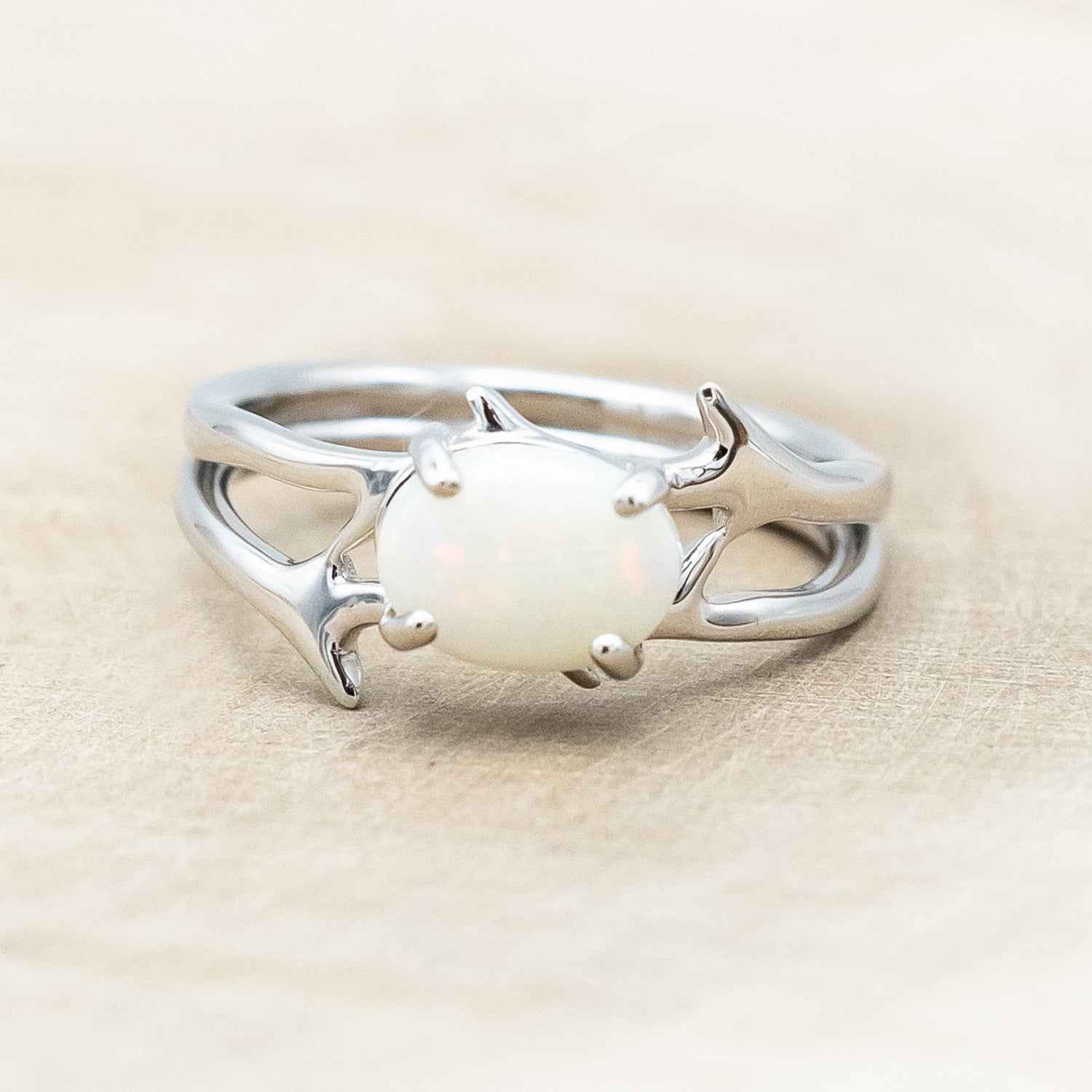 "ARTEMIS" - OVAL OPAL ENGAGEMENT RING WITH AN ANTLER STYLE BAND-Staghead Designs