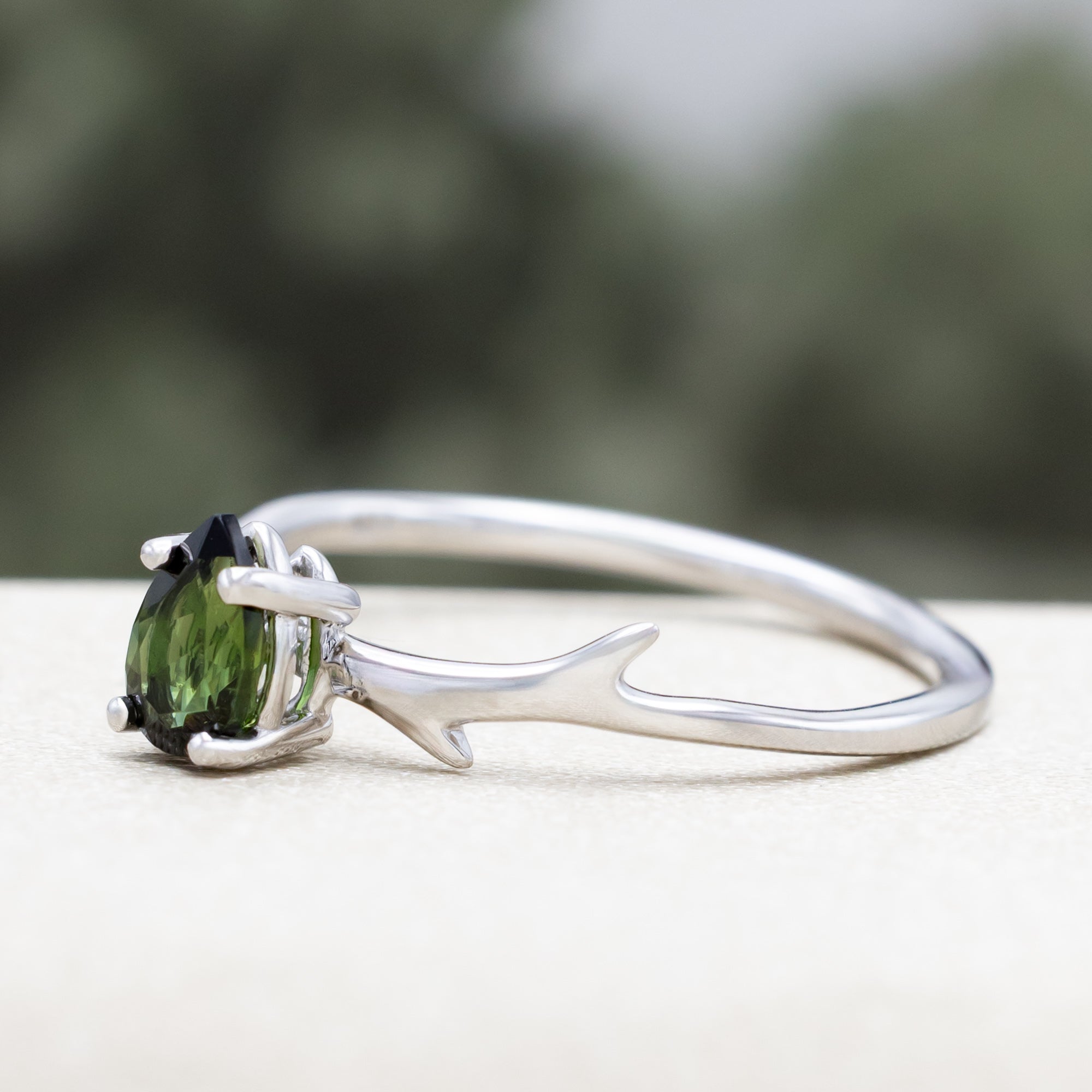 "ARTEMIS" - PEAR CUT GREEN TOURMALINE ENGAGEMENT RING WITH AN ANTLER-STYLE STACKING BAND AND DIAMOND ACCENT-Staghead Designs
