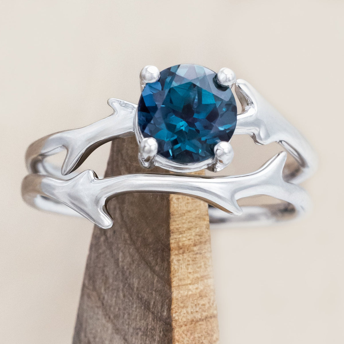 "ARTEMIS" - ROUND CUT ENGAGEMENT RING WITH AN ANTLER-STYLE STACKING BAND-Staghead Designs