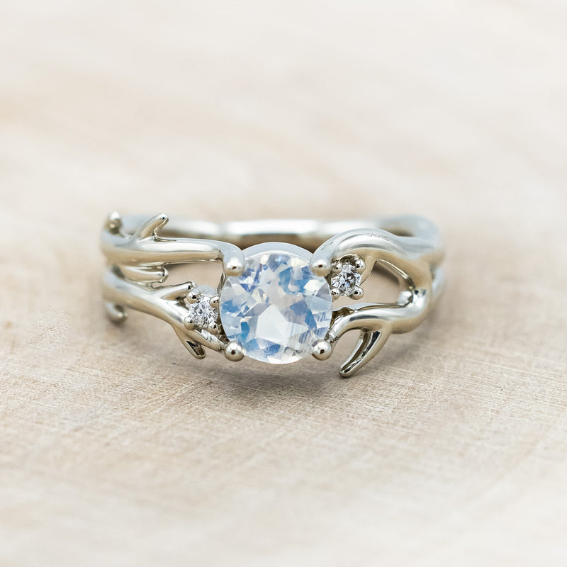 "ARTEMIS" - ROUND CUT MOONSTONE ENGAGEMENT RING WITH ANTLER-STYLE BAND & DIAMOND ACCENTS