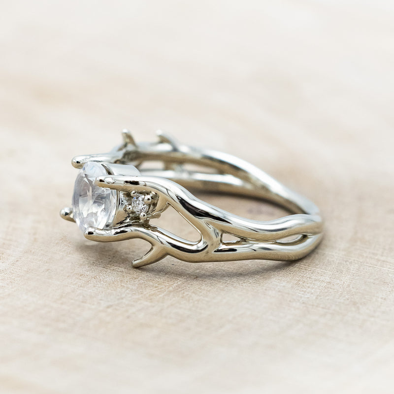 "ARTEMIS" - ROUND CUT MOONSTONE ENGAGEMENT RING WITH ANTLER-STYLE BAND & DIAMOND ACCENTS