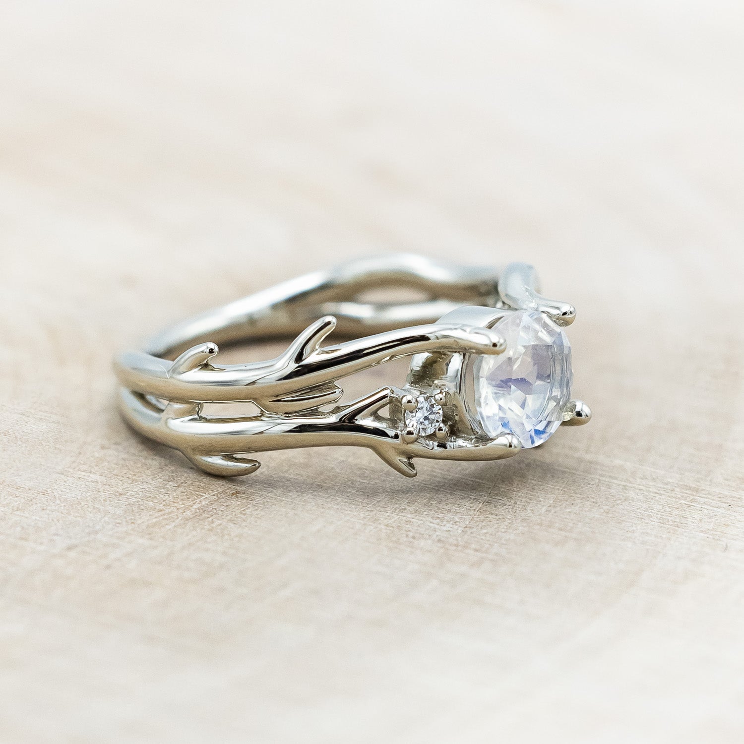 "ARTEMIS" - ROUND CUT MOONSTONE ENGAGEMENT RING WITH ANTLER-STYLE BAND & DIAMOND ACCENTS-Staghead Designs