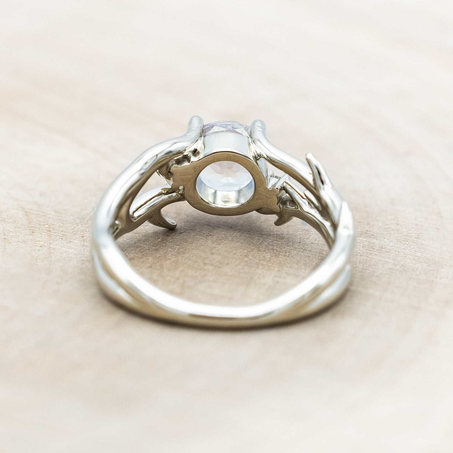 "ARTEMIS" - ROUND CUT MOONSTONE ENGAGEMENT RING WITH ANTLER-STYLE BAND & DIAMOND ACCENTS-Staghead Designs