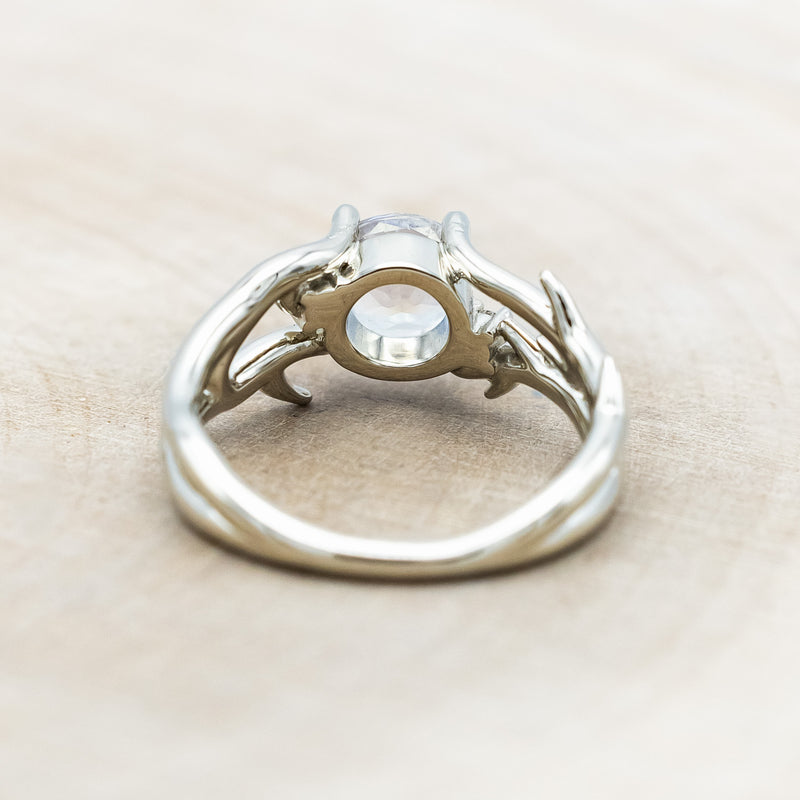 "ARTEMIS" - ROUND CUT MOONSTONE ENGAGEMENT RING WITH ANTLER-STYLE BAND & DIAMOND ACCENTS