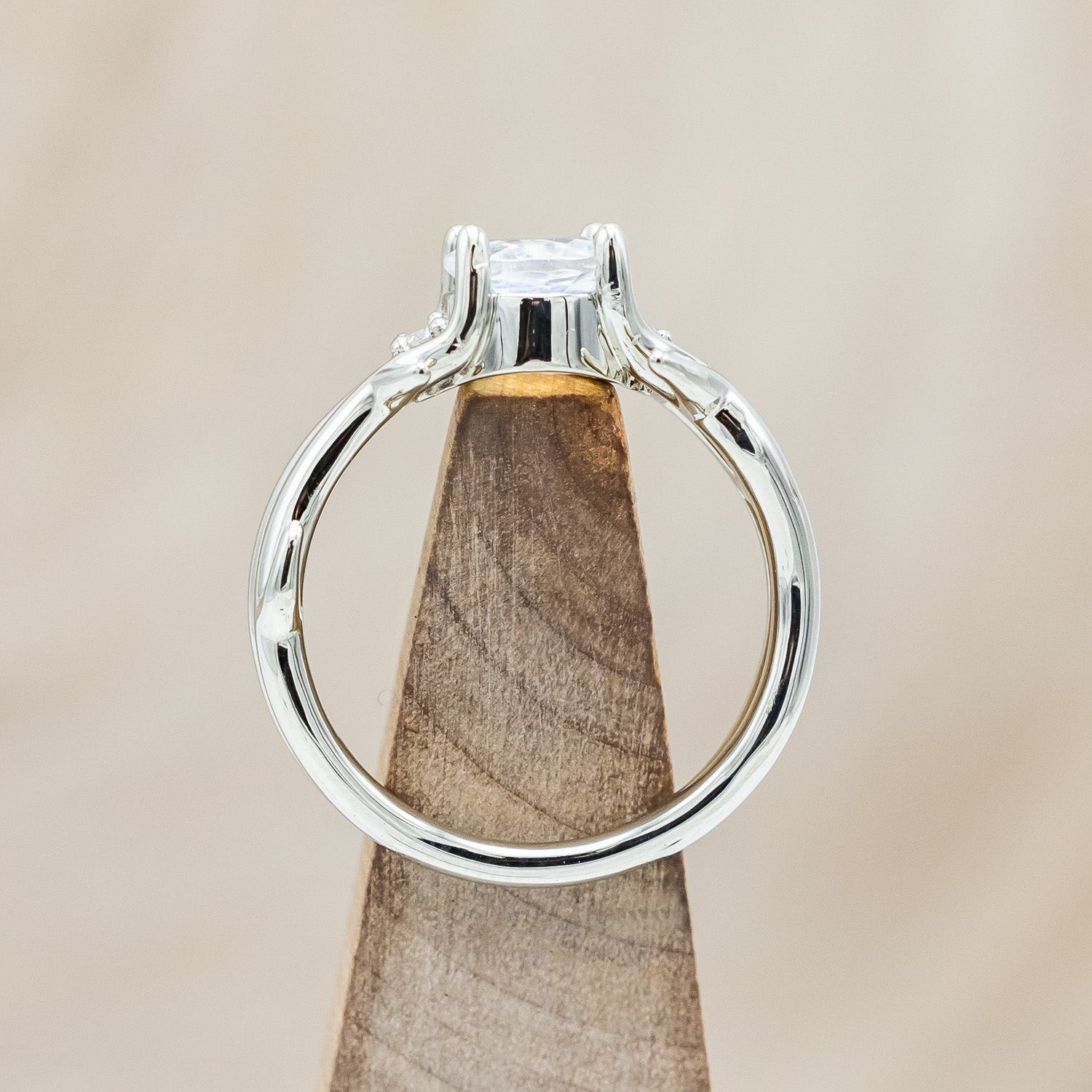"ARTEMIS" - ROUND CUT MOONSTONE ENGAGEMENT RING WITH ANTLER-STYLE BAND & DIAMOND ACCENTS-Staghead Designs