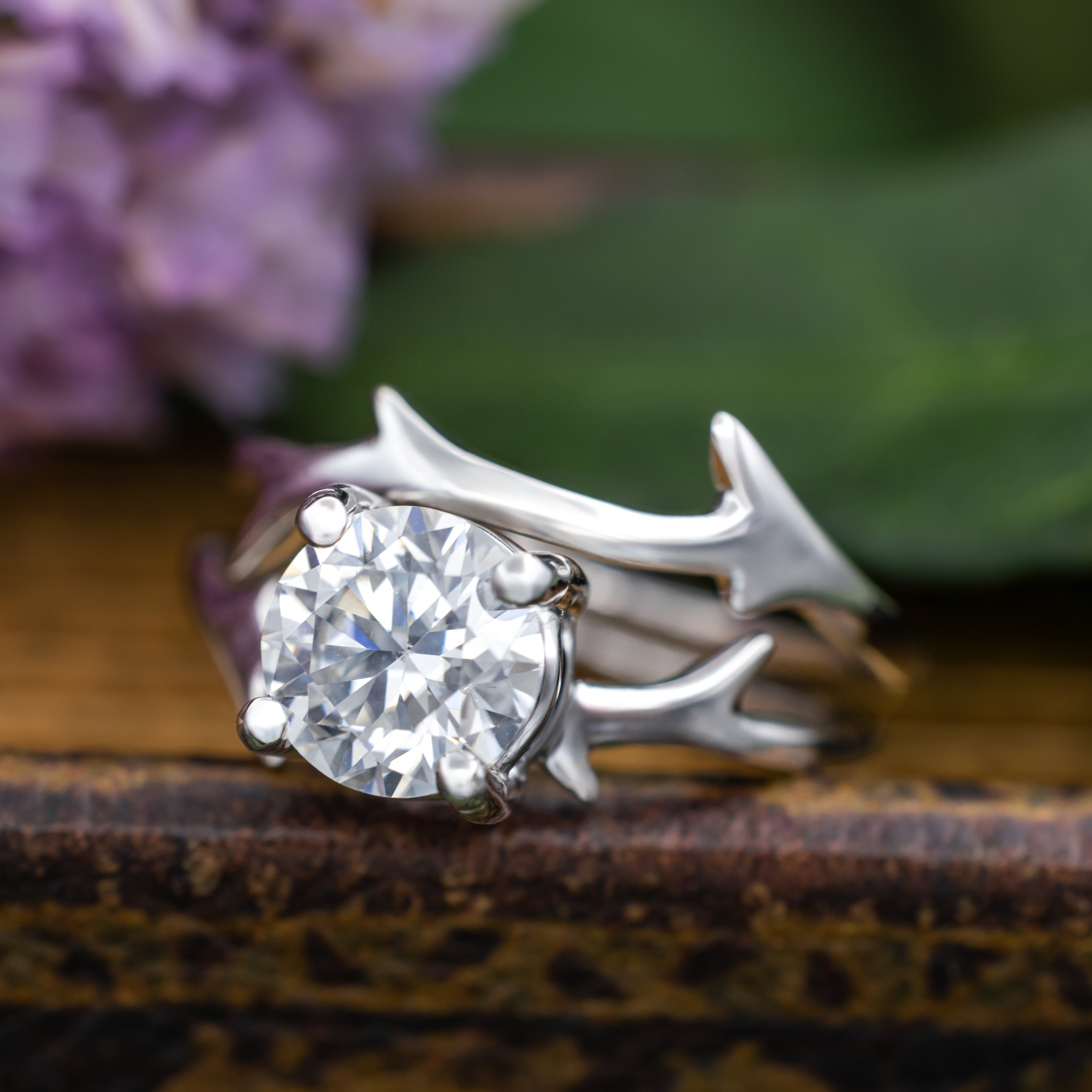 "Artemis" - Round Cut Moissanite Engagement Ring With An Antler Style Stacking Band