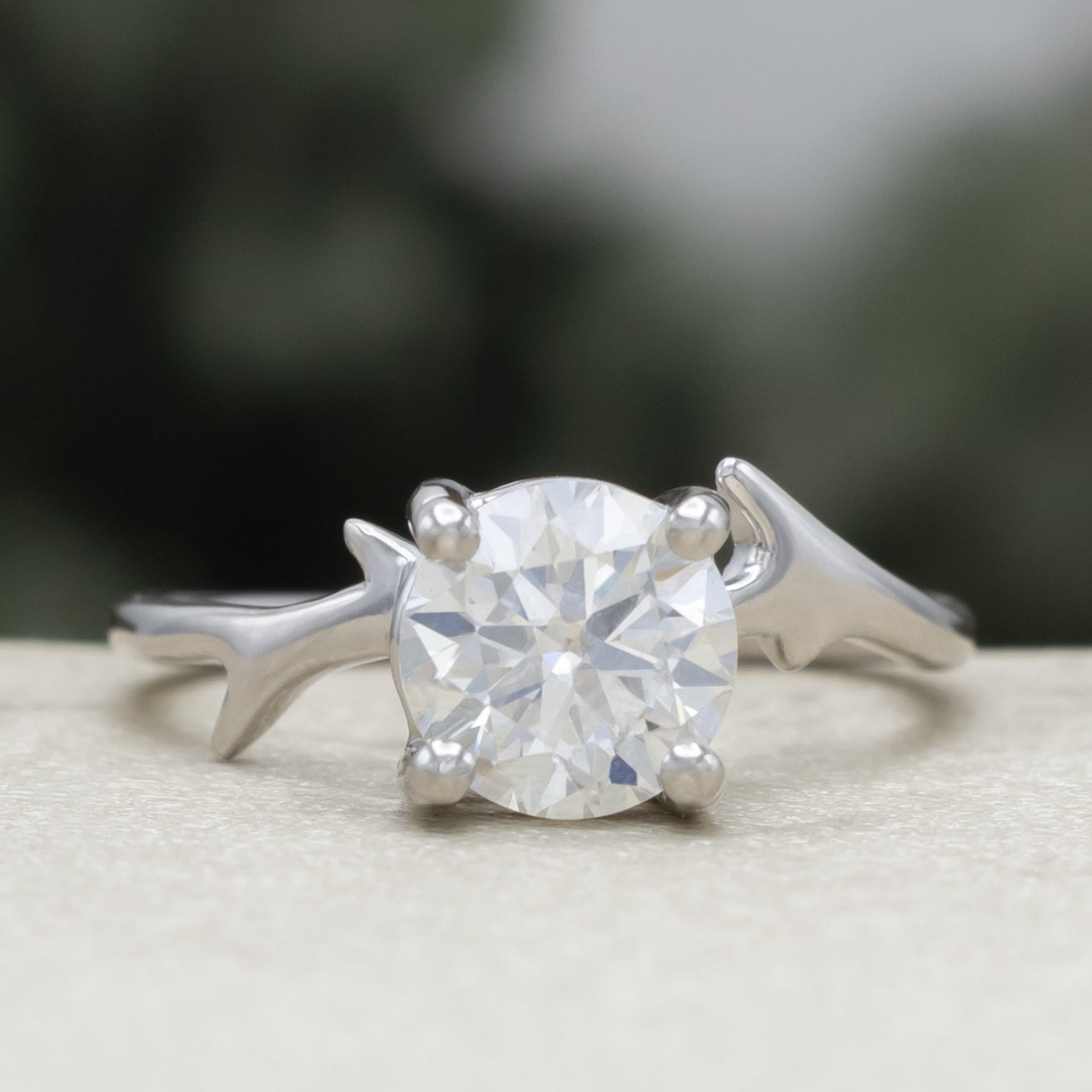 "Artemis" - Round Cut Moissanite Engagement Ring With An Antler Style Stacking Band