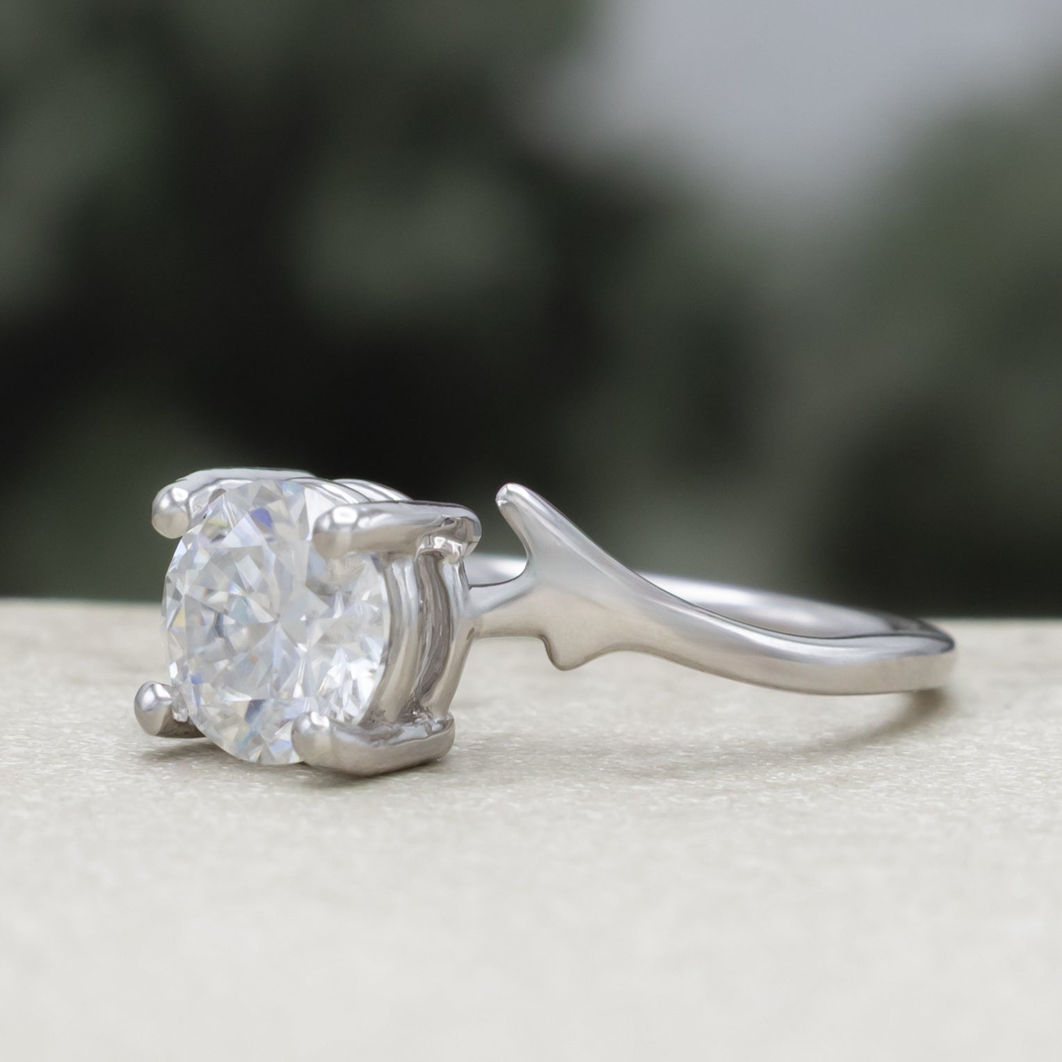 "Artemis" - Round Cut Moissanite Engagement Ring With An Antler Style Stacking Band