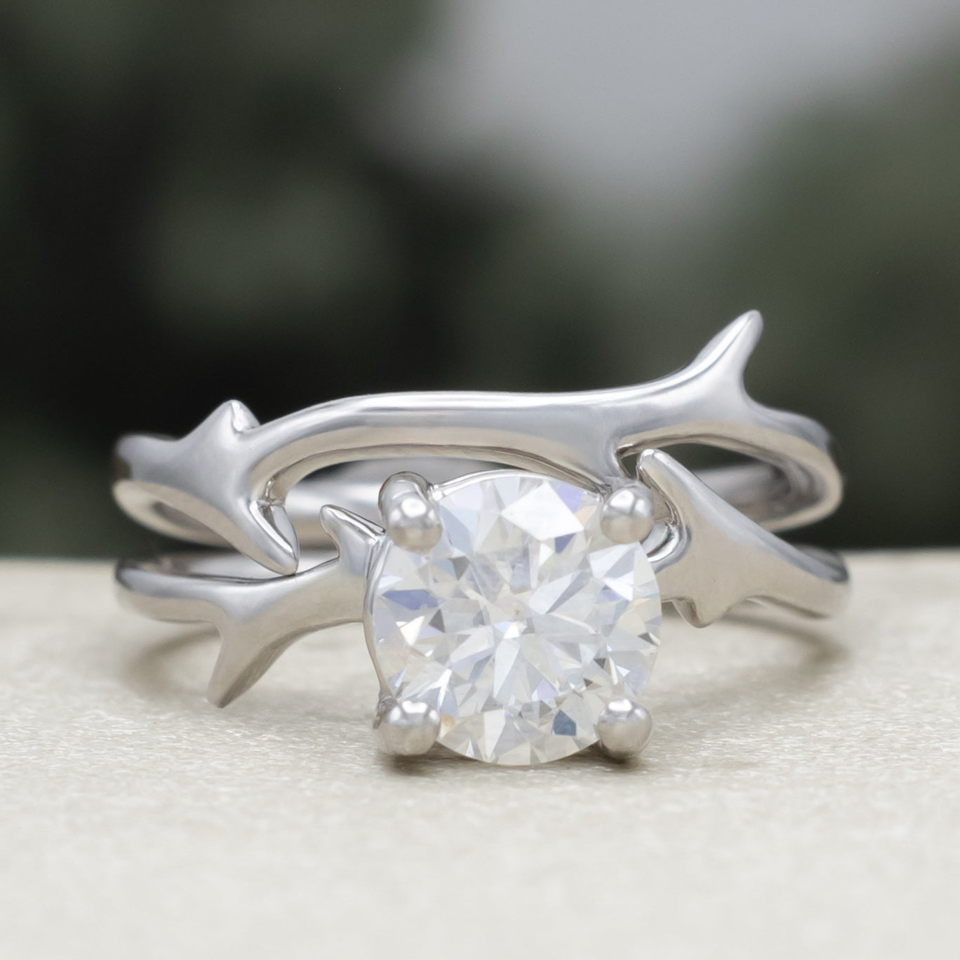 "Artemis" - Round Cut Moissanite Engagement Ring With An Antler Style Stacking Band