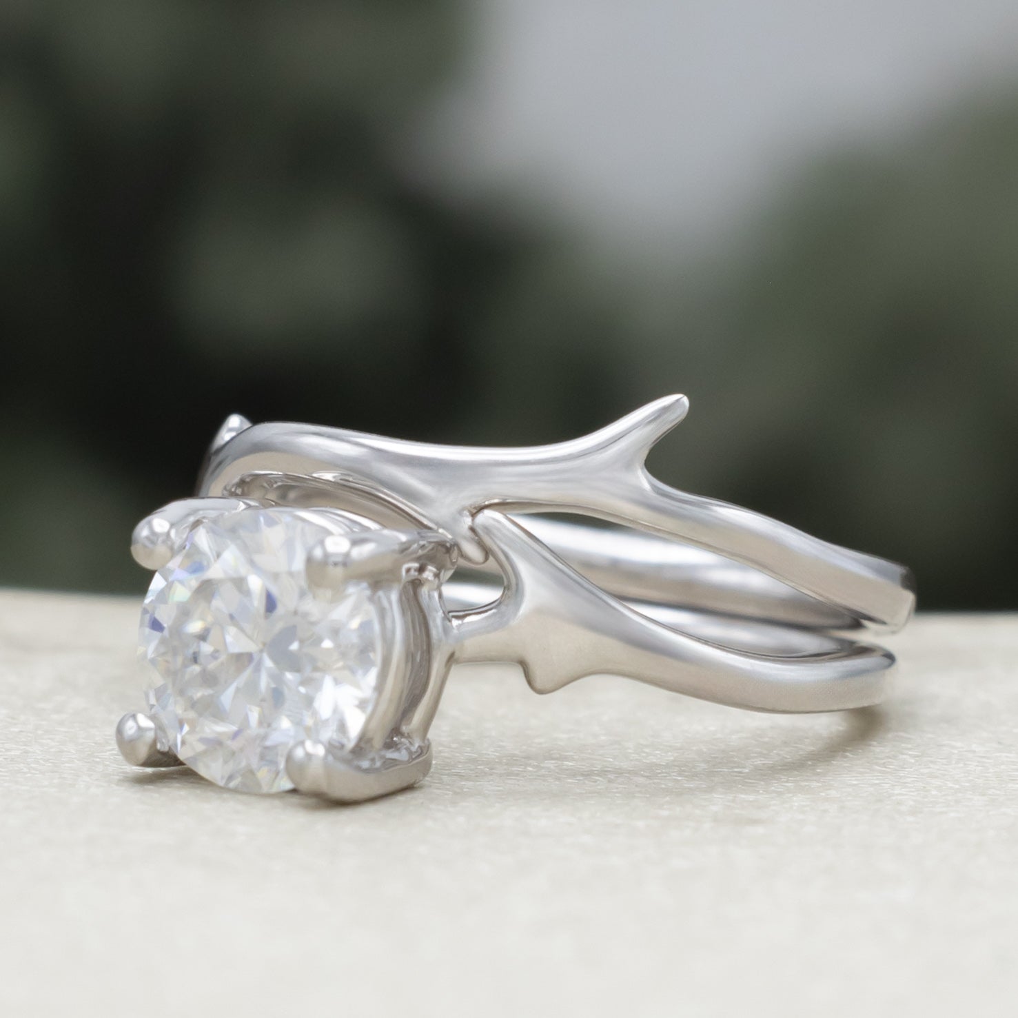 "Artemis" - Round Cut Moissanite Engagement Ring With An Antler Style Stacking Band