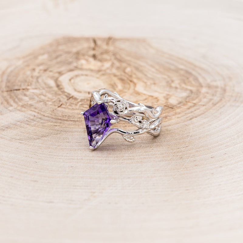 "ARTEMIS ON THE VINE" - KITE CUT AMETHYST ENGAGEMENT RING WITH DIAMOND ACCENTS & "BRIAR" BRANCH-STYLE TRACER