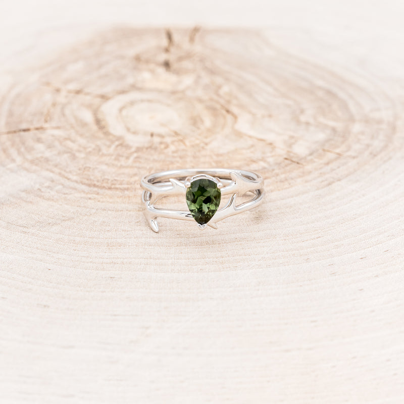 "ARTEMIS" - PEAR GREEN TOURMALINE ENGAGEMENT RING WITH AN ANTLER-STYLE STACKING BAND