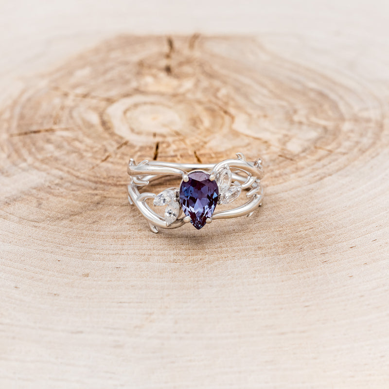 "ARTEMIS" - PEAR SHAPED LAB-GROWN ALEXANDRITE ENGAGEMENT RING WITH MARQUISE DIAMOND ACCENTS-4