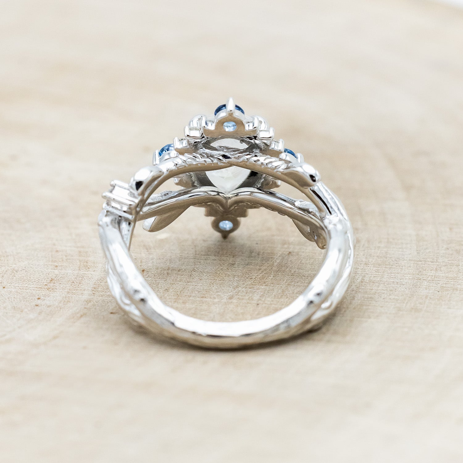"ARTEMIS ON THE VINE DIVINE" - PEAR CUT MOONSTONE ENGAGEMENT RING WITH DIAMOND & AQUAMARINE ACCENTS IN A BRANCH-STYLE BAND-Staghead Designs