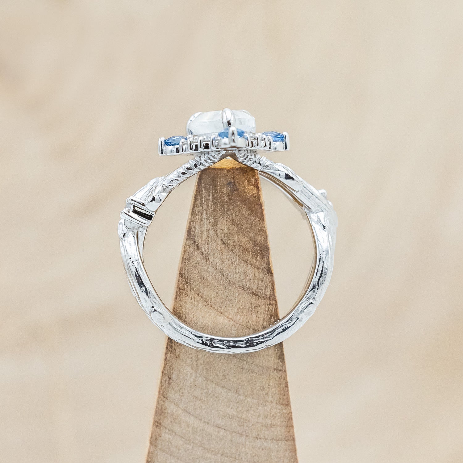 "ARTEMIS ON THE VINE DIVINE" - PEAR CUT MOONSTONE ENGAGEMENT RING WITH DIAMOND & AQUAMARINE ACCENTS IN A BRANCH-STYLE BAND-Staghead Designs