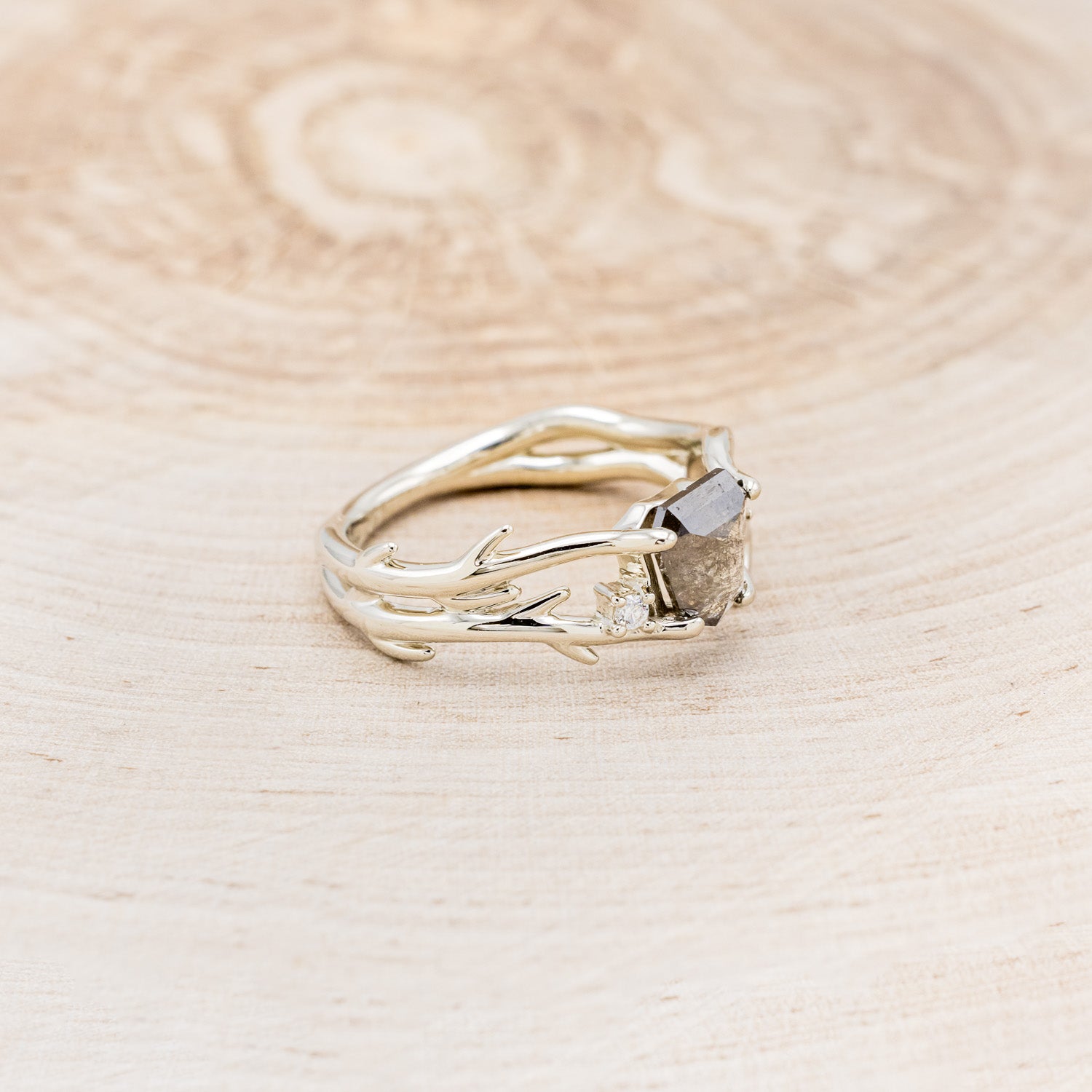 "ARTEMIS" - SHIELD CUT SALT & PEPPER DIAMOND ENGAGEMENT RING WITH DIAMOND ACCENTS-8