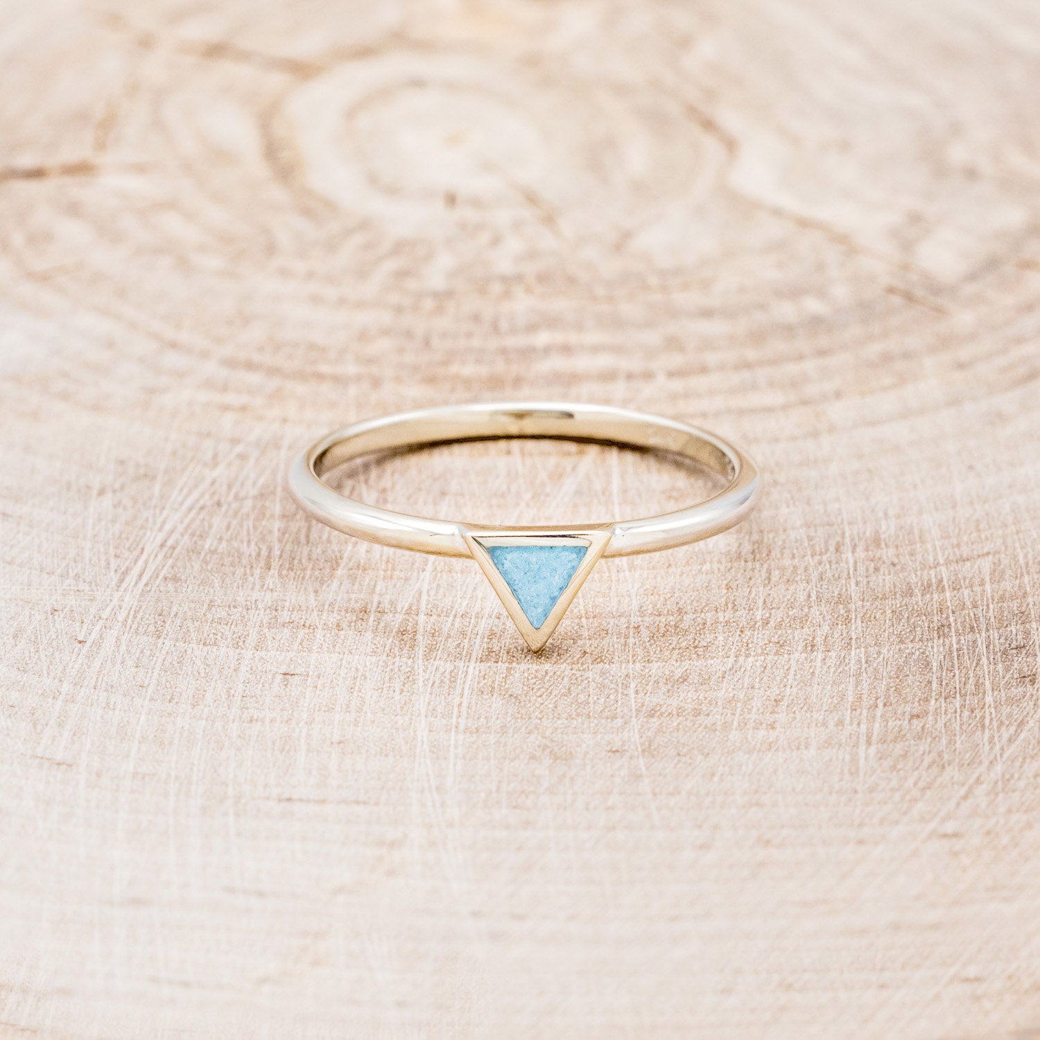 "ATLANTIS" - TRIANGLE TURQUOISE ENGAGEMENT RING WITH V-SHAPED TURQUOISE TRACER-25
