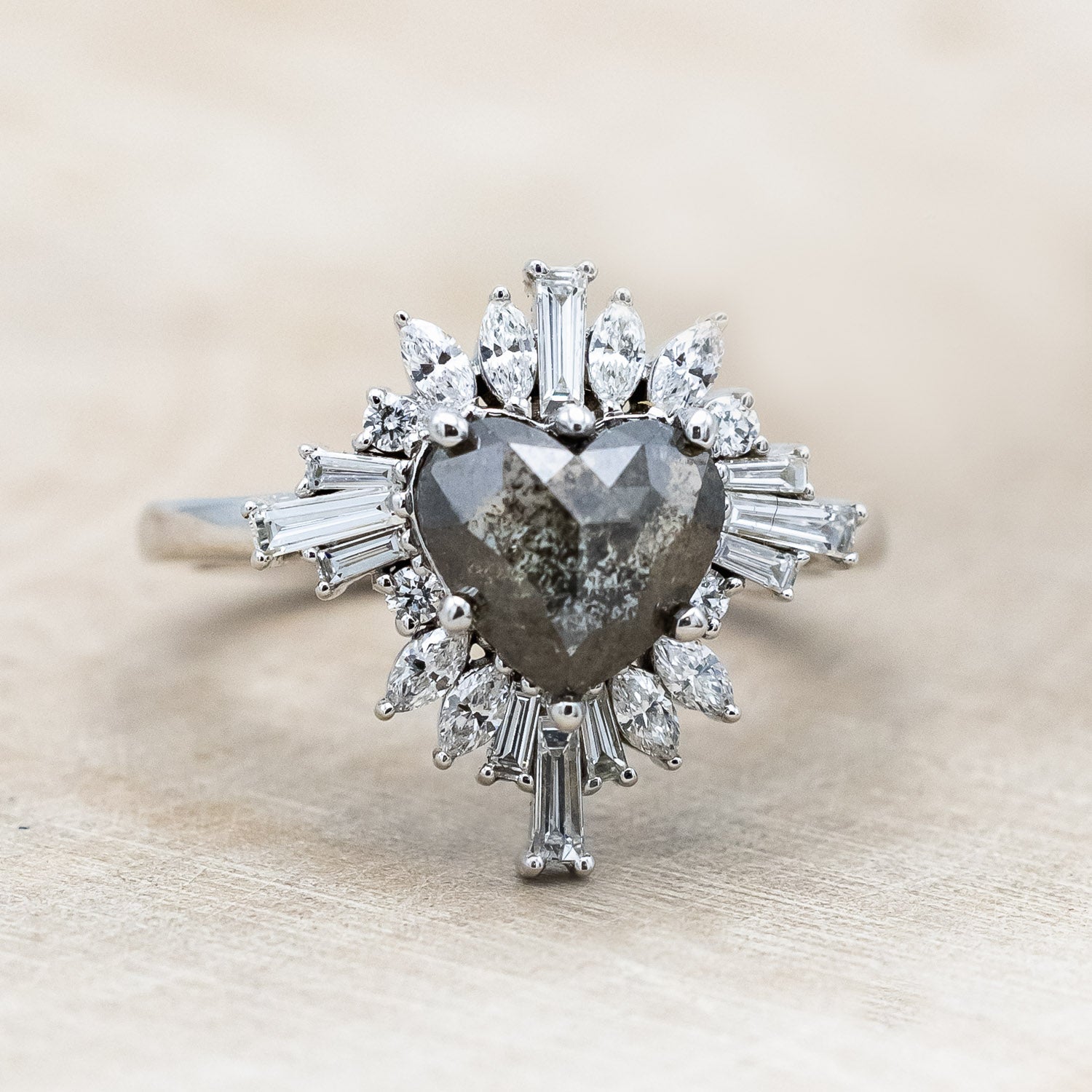 "Autumn" - women's engagement ring with heart cut salt & pepper diamond and diamond halo in 14K white gold