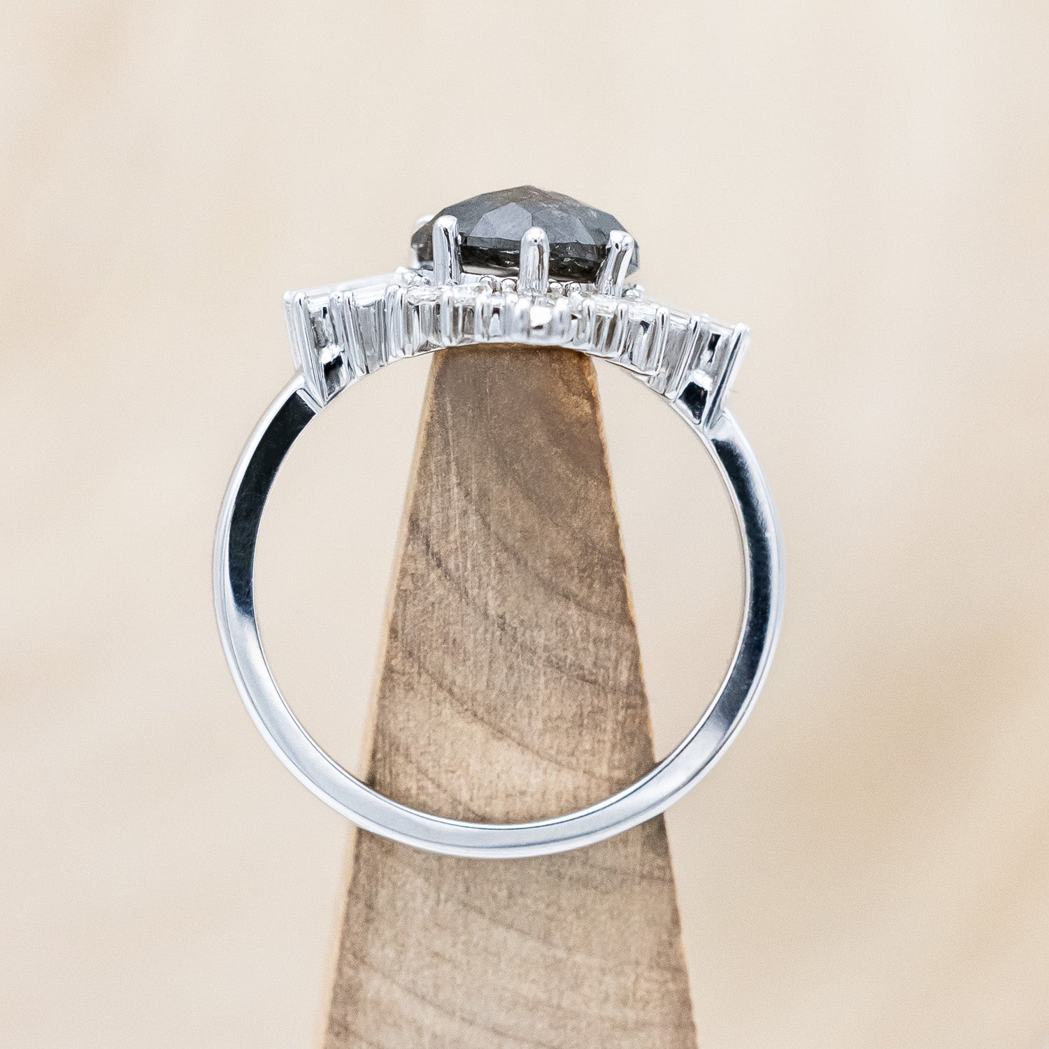 Top view of "Autumn" - women's engagement ring with heart cut salt & pepper diamond and diamond halo in 14K white gold