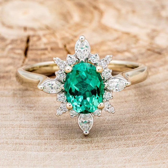 "AZALEA" - OVAL LAB-GROWN EMERALD ENGAGEMENT RING WITH DIAMOND HALO-18