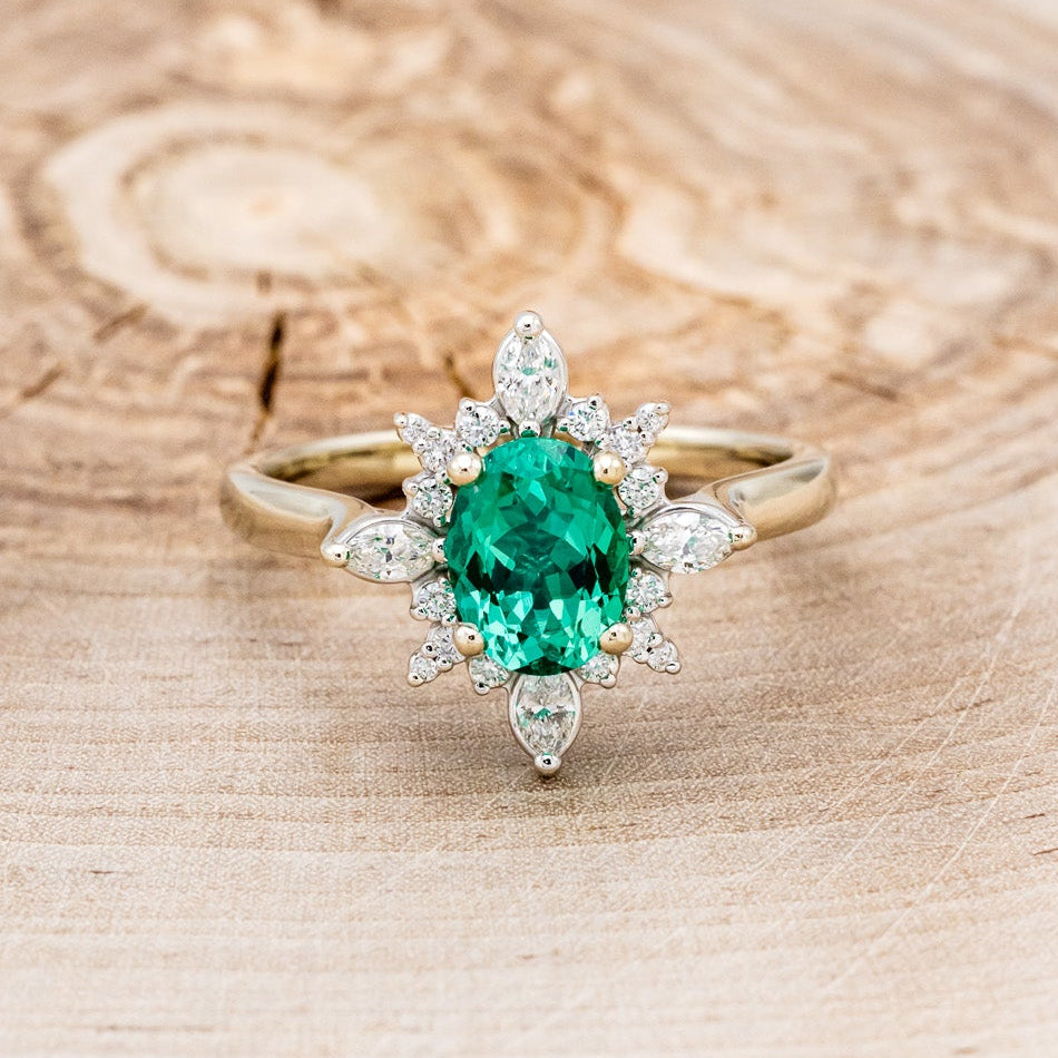 "AZALEA" - OVAL LAB-GROWN EMERALD ENGAGEMENT RING WITH DIAMOND HALO-18